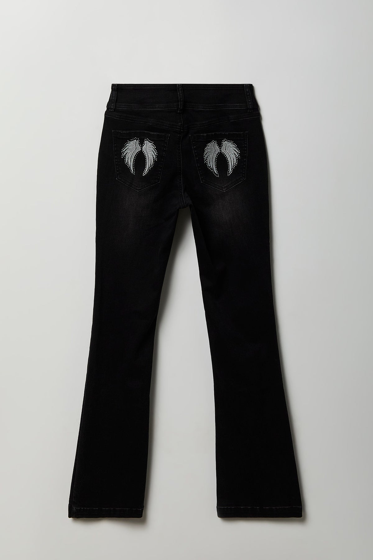Stretch Low Rise Rhinestone Embroidered Flare Jean - Black