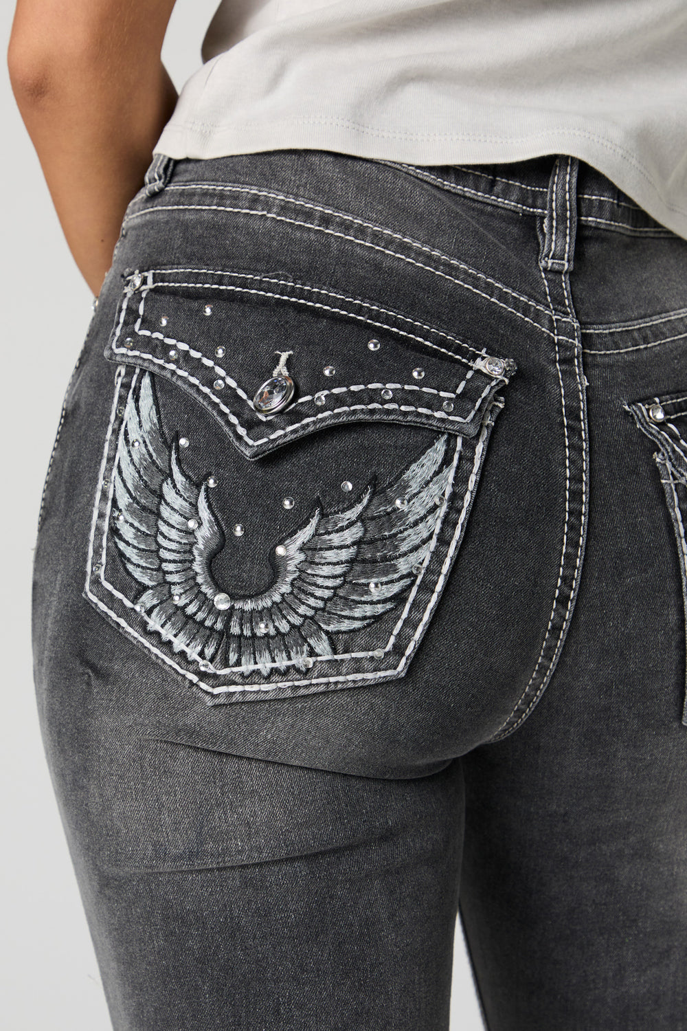 Vintage Wash Rhinestone Wing Embroidered Bootcut Jean Vintage Wash Rhinestone Wing Embroidered Bootcut Jean 1