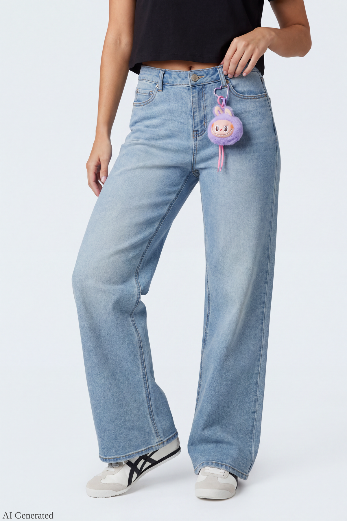Alt View 3. Paris Stretch High Rise Wide Leg Jean with Keychain - Light Denim Blue