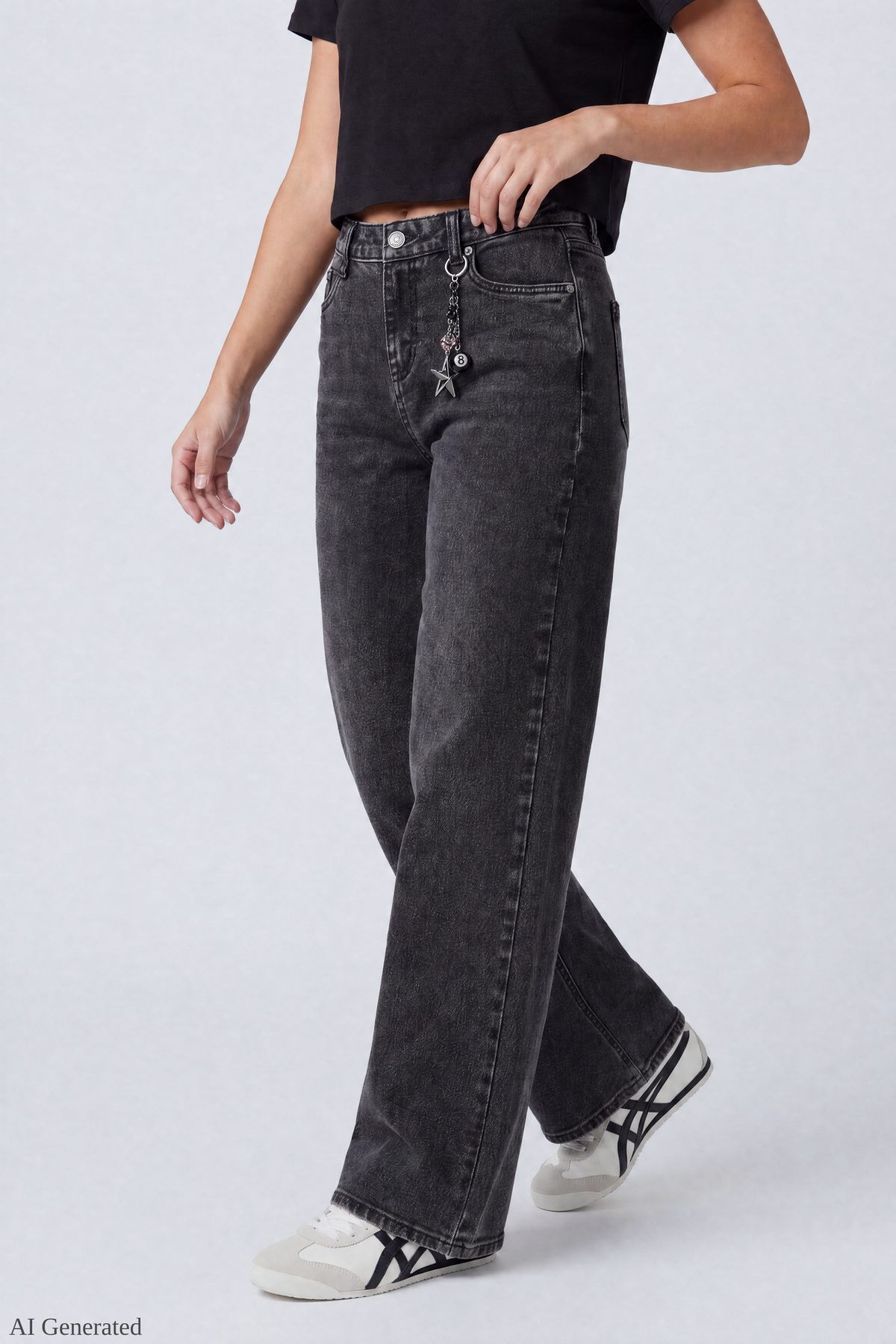 Alt View 3. Paris Stretch High Rise Wide Leg Jean with Keychain - Pure Black