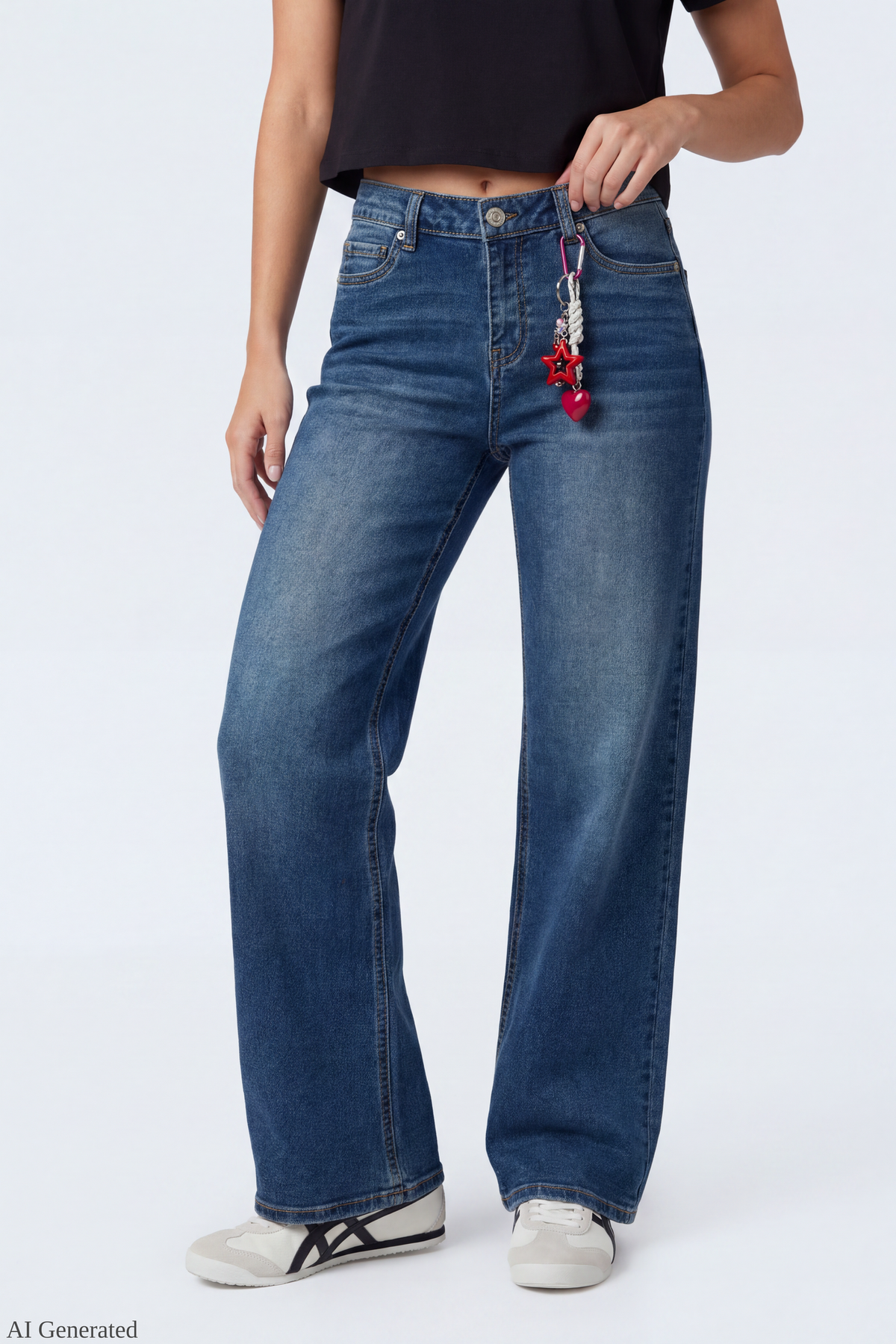Alt View 3. Paris Stretch High Rise Wide Leg Jean with Keychain - Midnight Blue