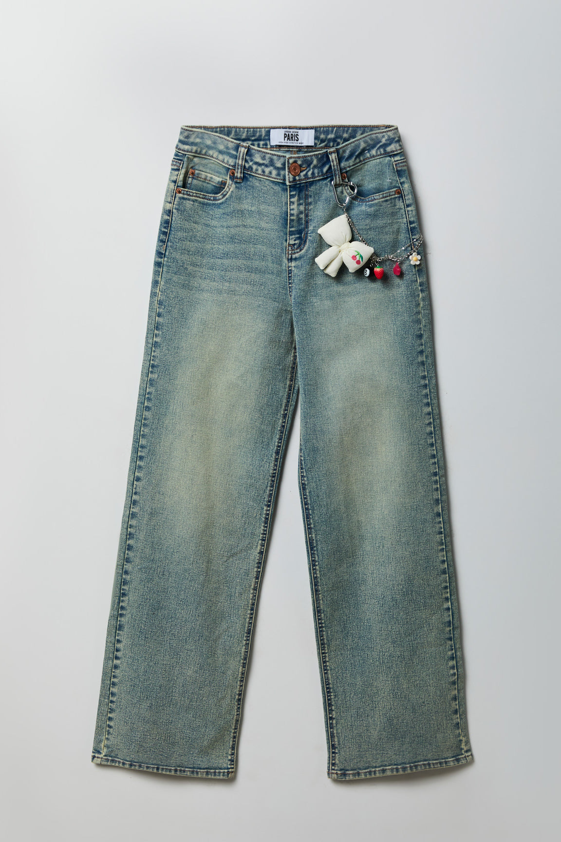 Paris Stretch High Rise Wide Leg Jean with Keychain - Pacific Blue
