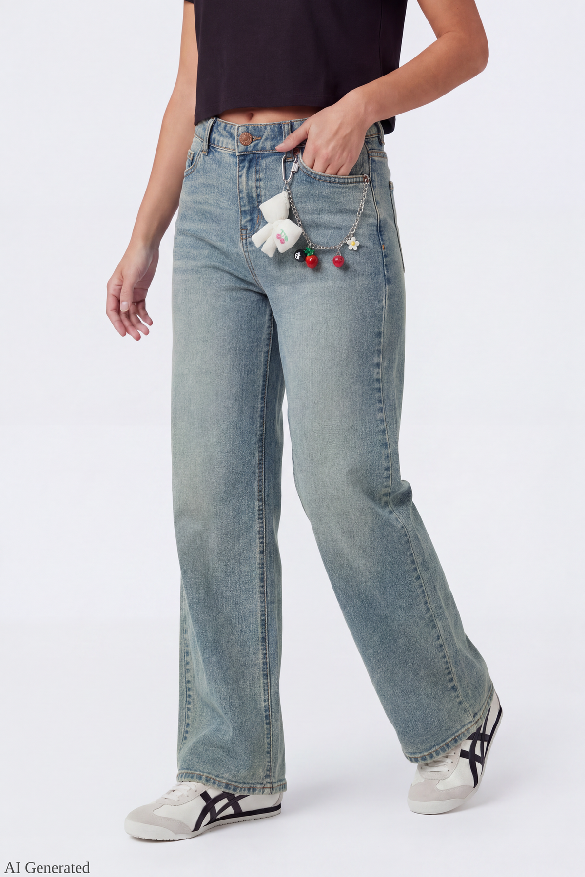 Alt View 3. Paris Stretch High Rise Wide Leg Jean with Keychain - Pacific Blue