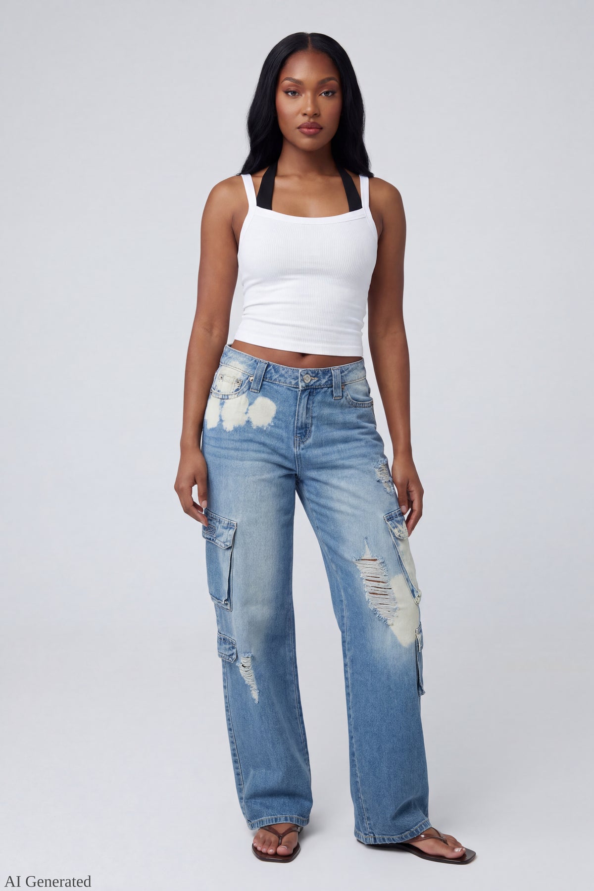 Ripped Low Rise Cargo Jean - Light Denim Blue