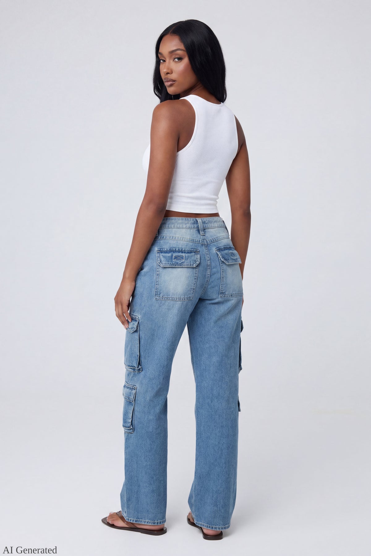 Alt View 2. Ripped Low Rise Cargo Jean - Light Denim Blue