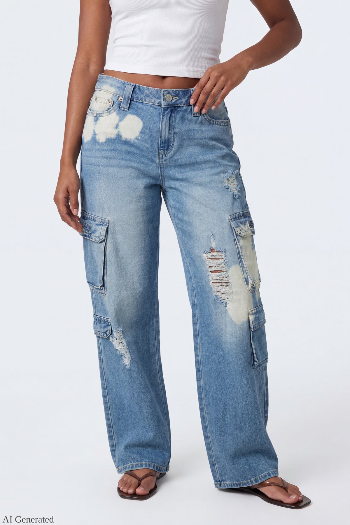 Alt View 3. Ripped Low Rise Cargo Jean - Light Denim Blue