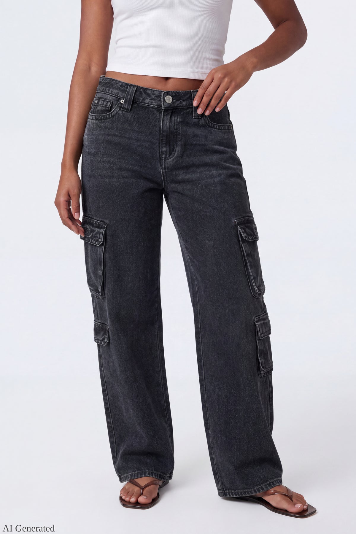 Alt View 3. Ripped Low Rise Cargo Jean - Pure Black
