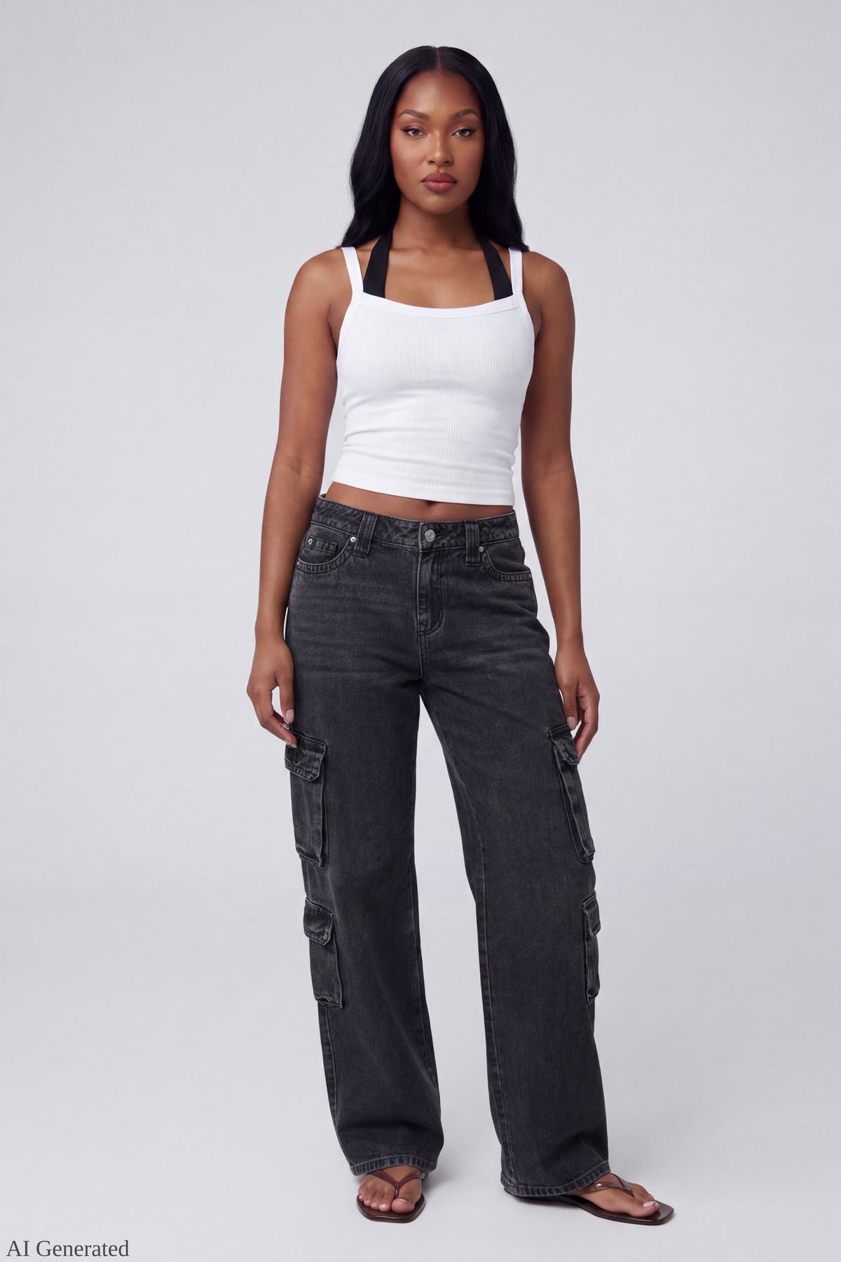 Ripped Low Rise Cargo Jean - Pure Black