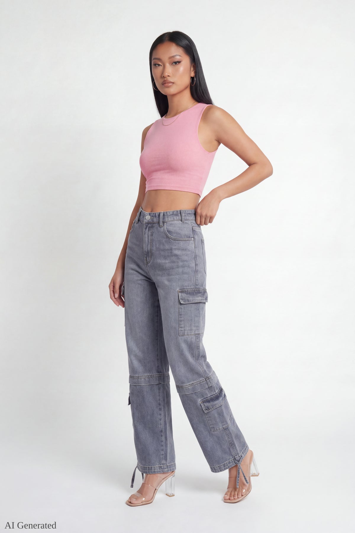 Stretch Low Rise Cargo Jean - Medium Blue