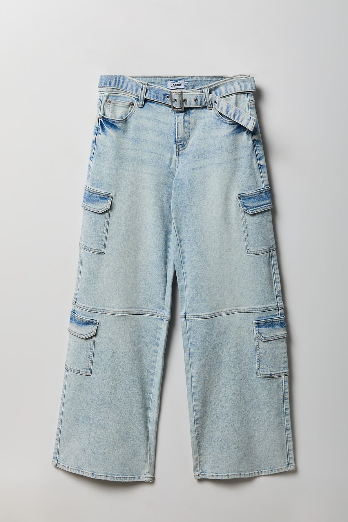 Alt View 4. Stretch Low Rise Belted Cargo Jean - Light Denim Blue