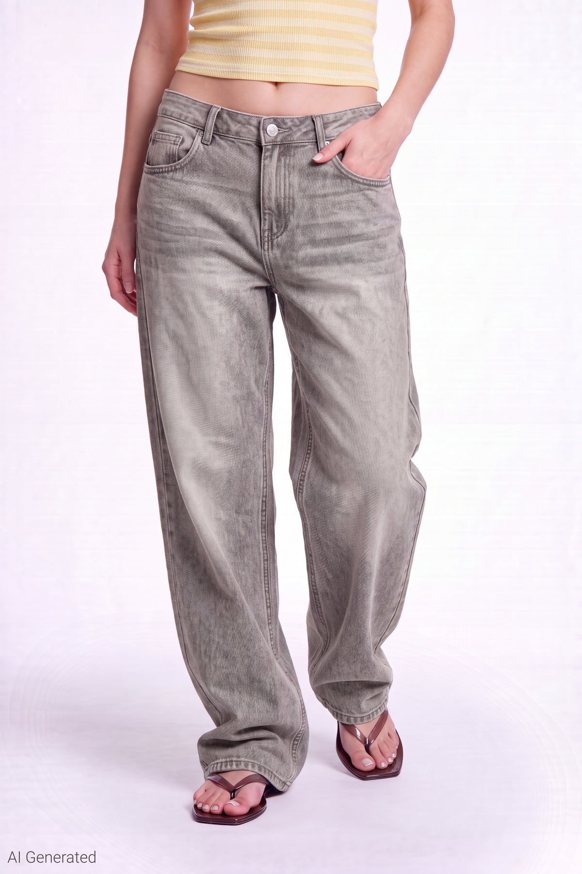 Alt View 3. Stretch Low Rise Baggy Jean - Light Grey