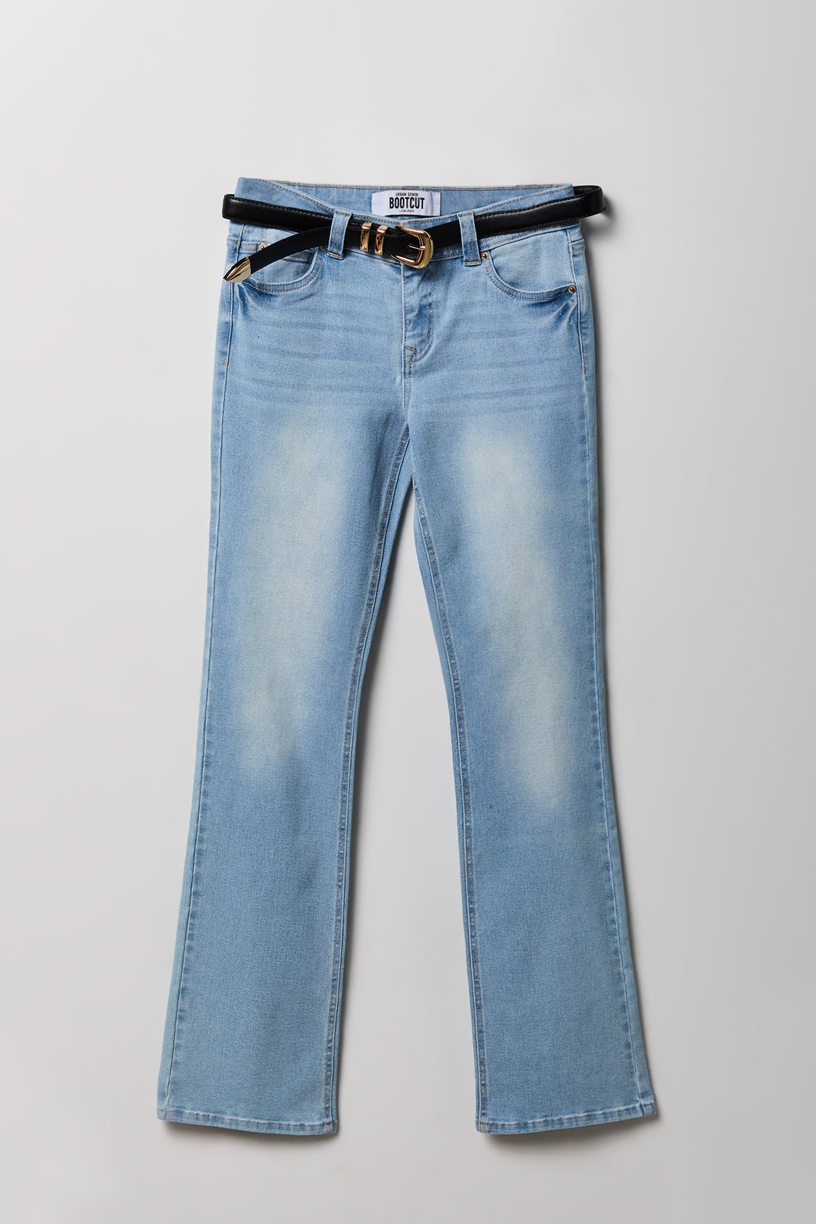Stretch Low Rise Bootcut Belted Jean - Light Denim Blue