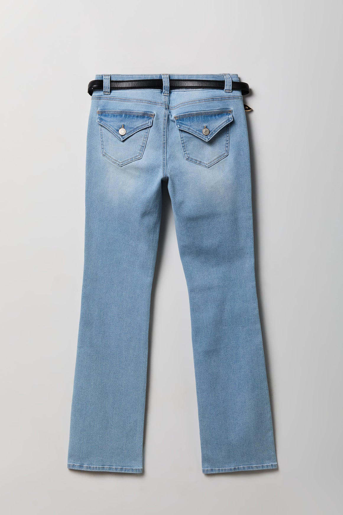 Alt View 2. Stretch Low Rise Bootcut Belted Jean - Light Denim Blue