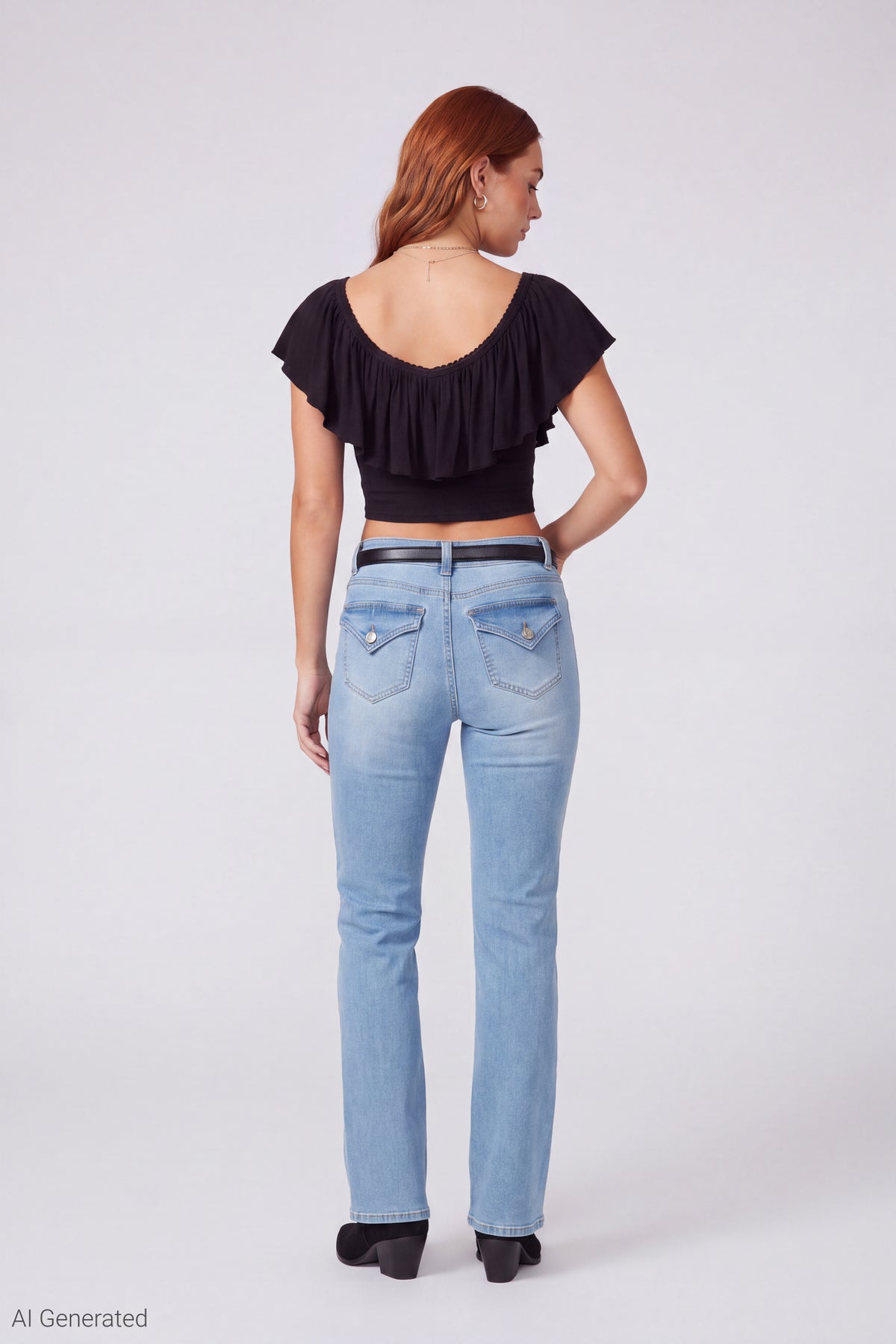 Alt View 2. Stretch Low Rise Belted Bootcut Jean - Light Denim Blue