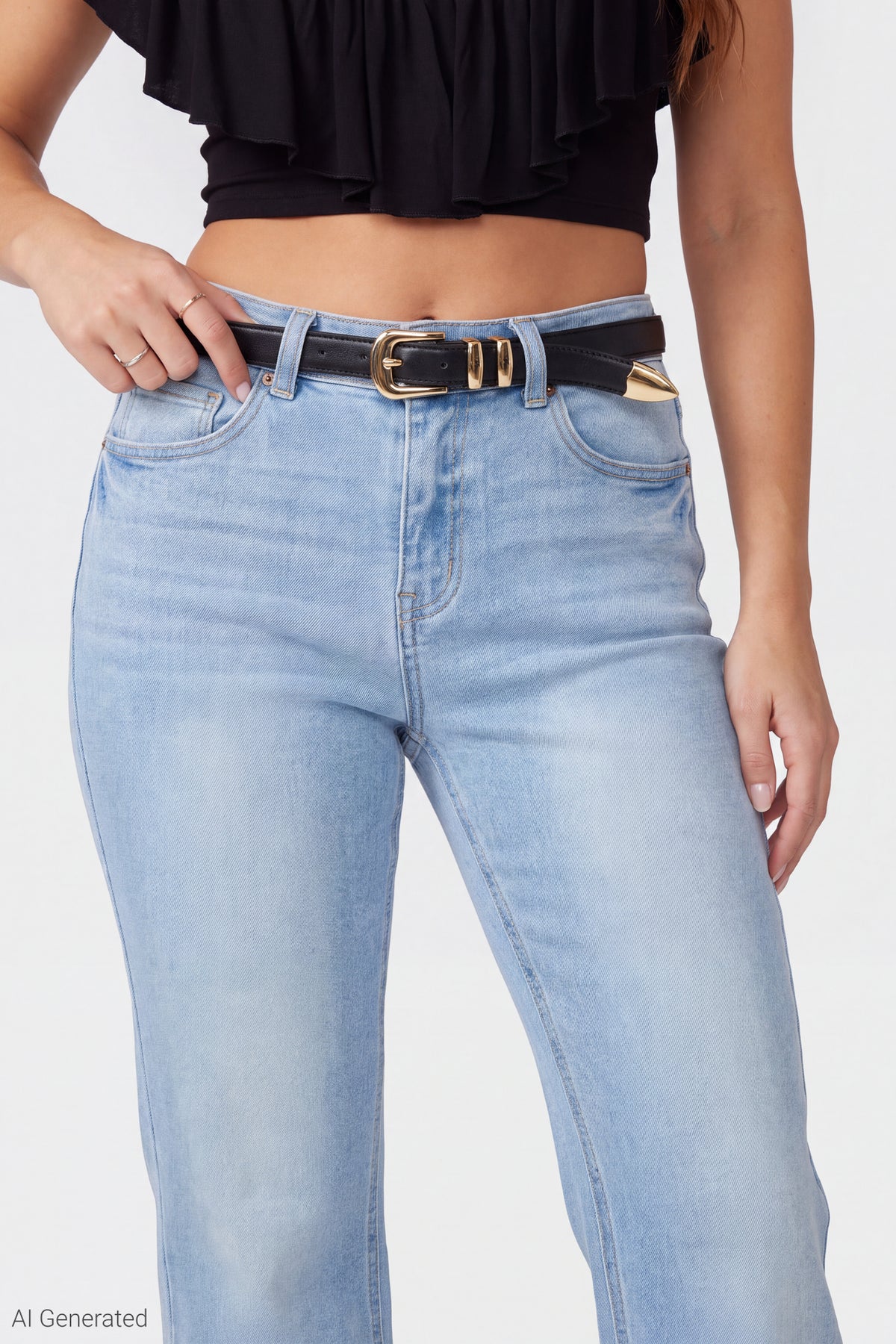 Alt View 3. Stretch Low Rise Belted Bootcut Jean - Light Denim Blue