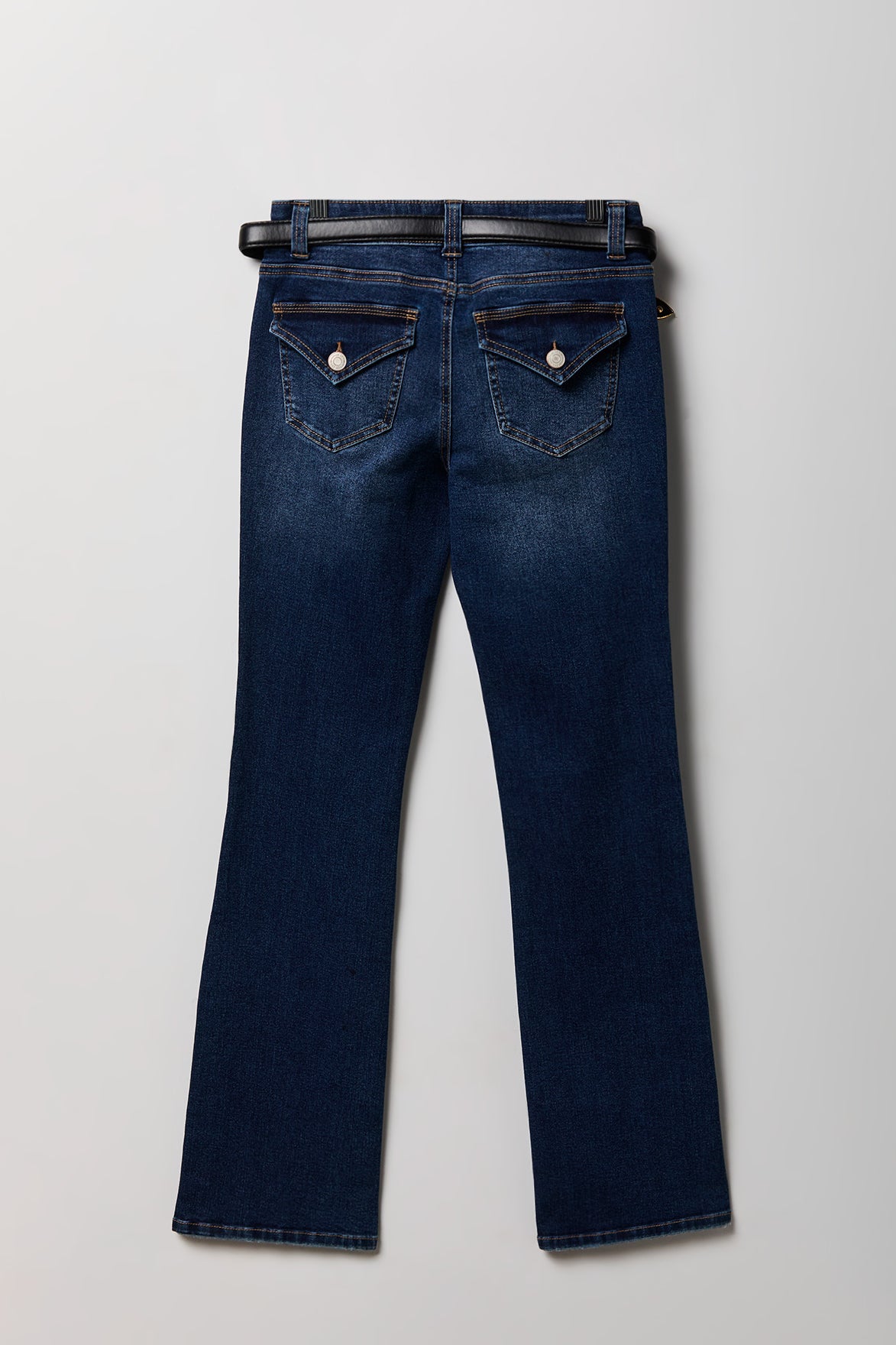 Alt View 2. Stretch Low Rise Bootcut Belted Jean - Denim Blue