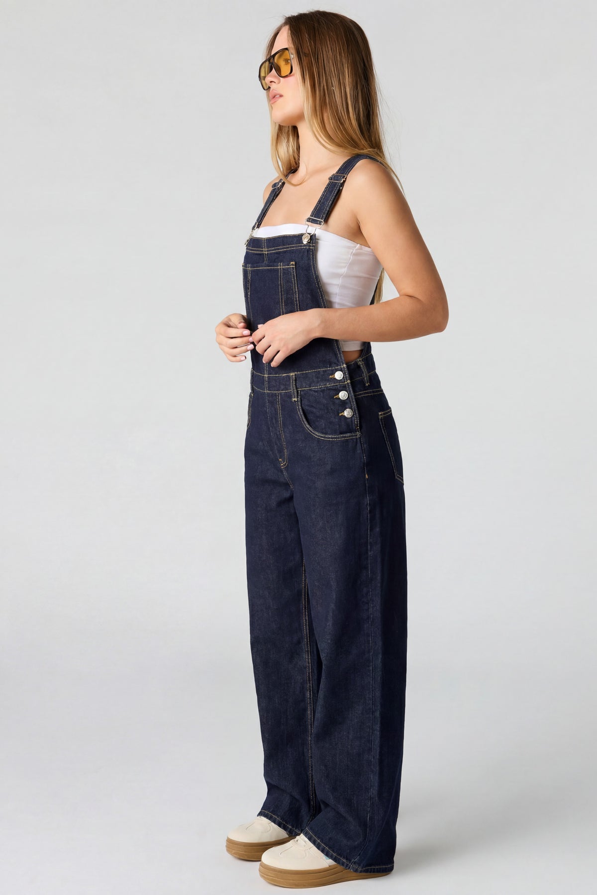 Alt View 3. Straight Leg Denim Overalls - Denim Blue