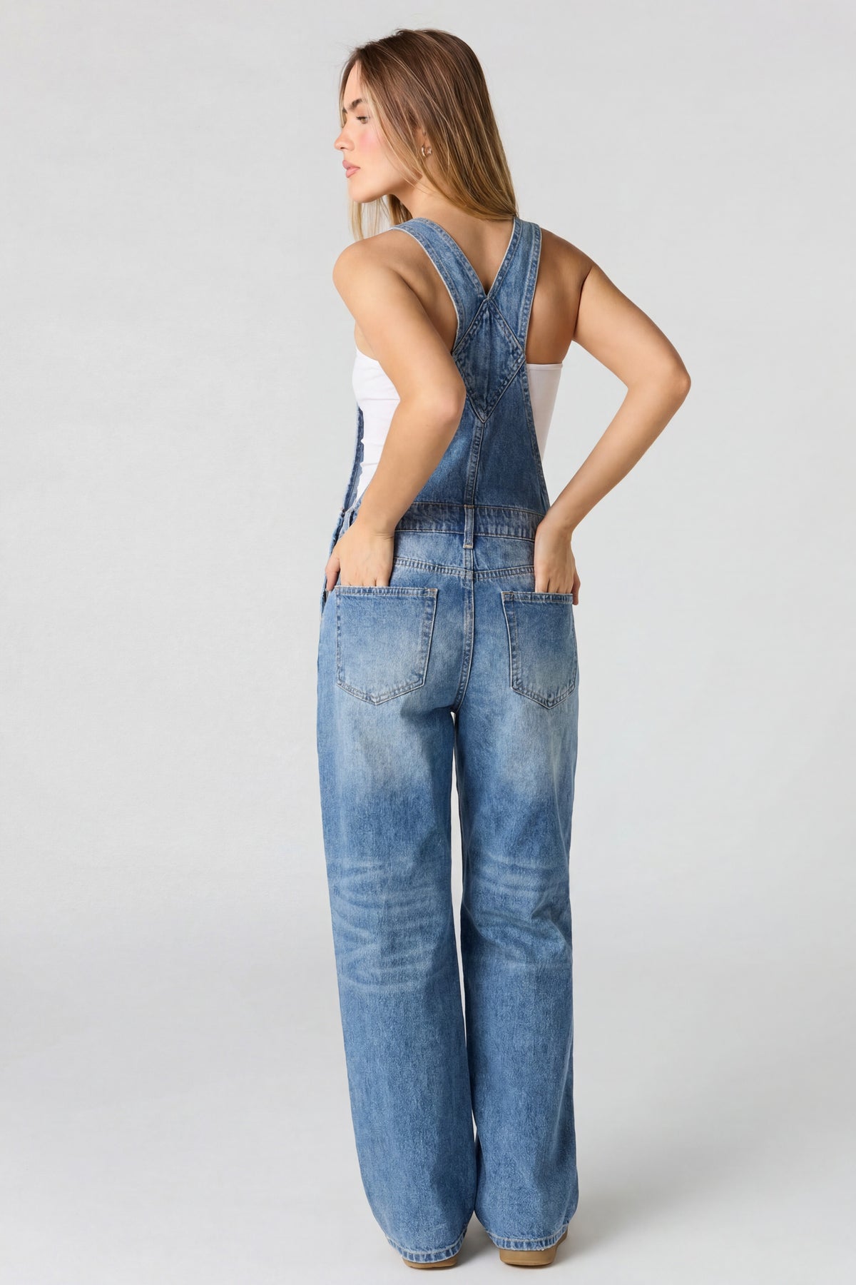 Alt View 2. Straight Leg Denim Overalls - Medium Blue