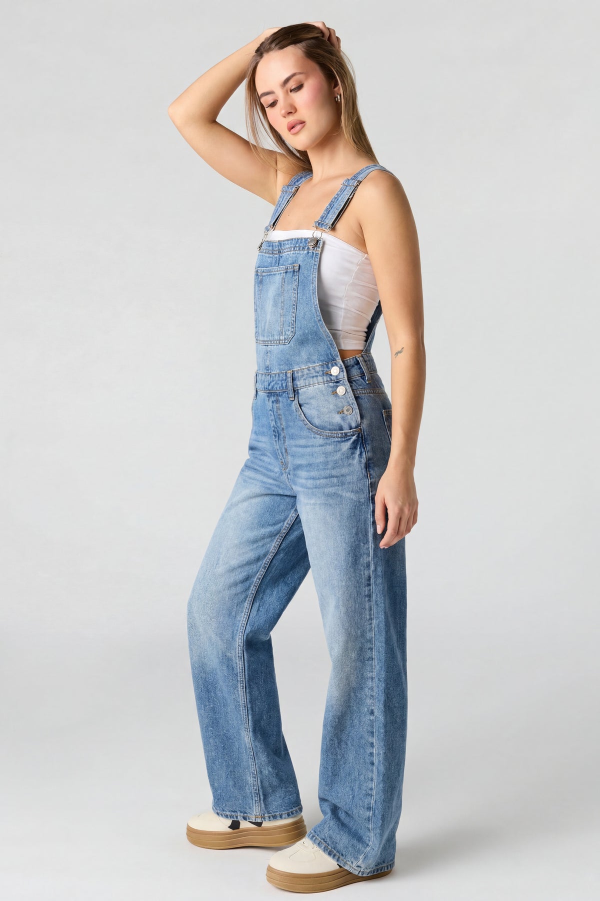 Alt View 3. Straight Leg Denim Overalls - Medium Blue
