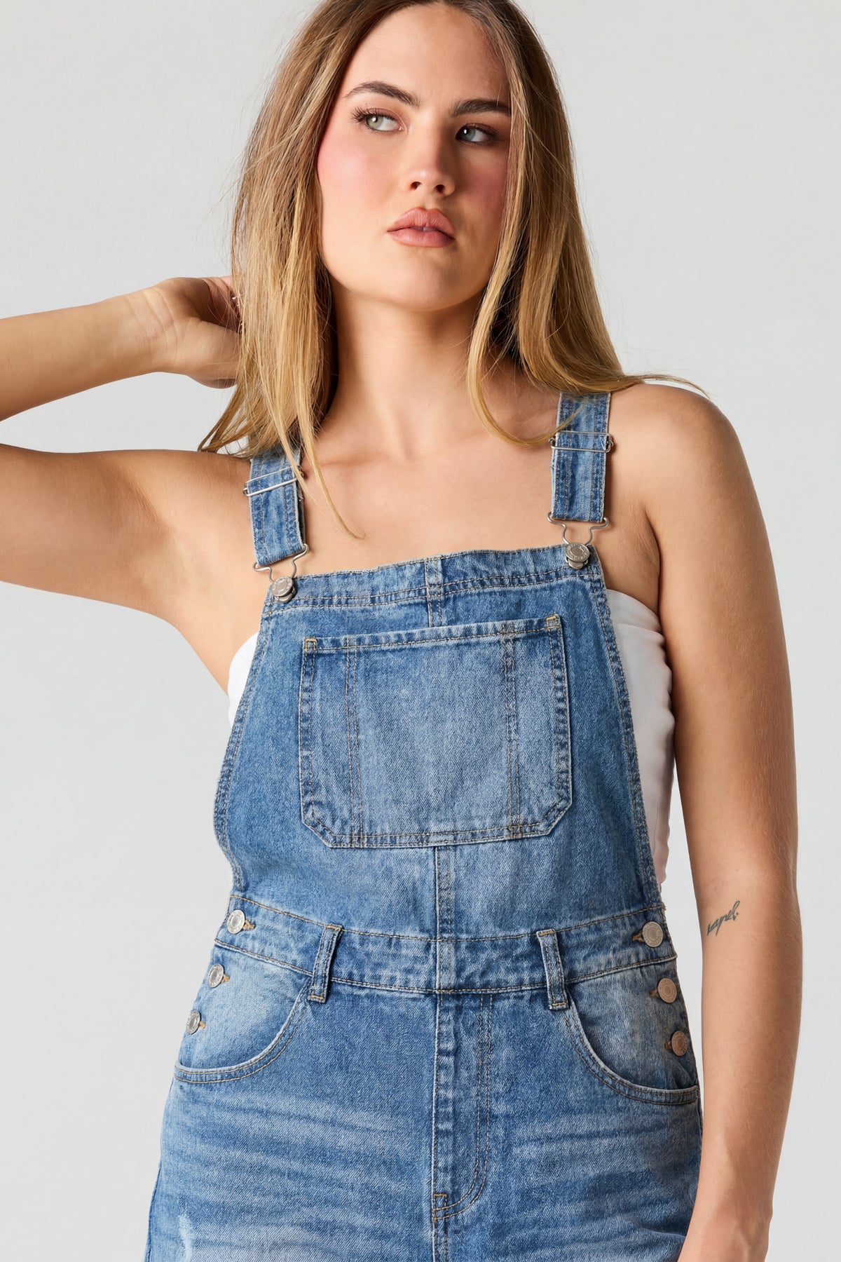 Alt View 4. Straight Leg Denim Overalls - Medium Blue