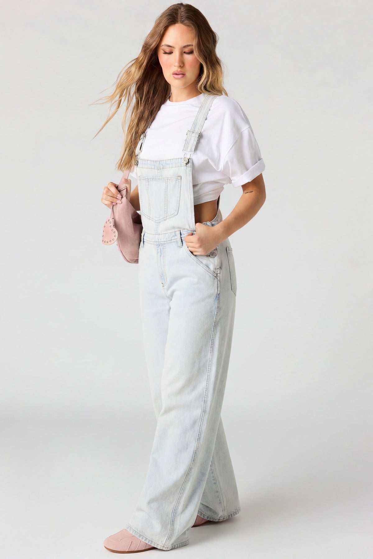 Alt View 3. Wide Leg Denim Overalls - Light Denim Blue