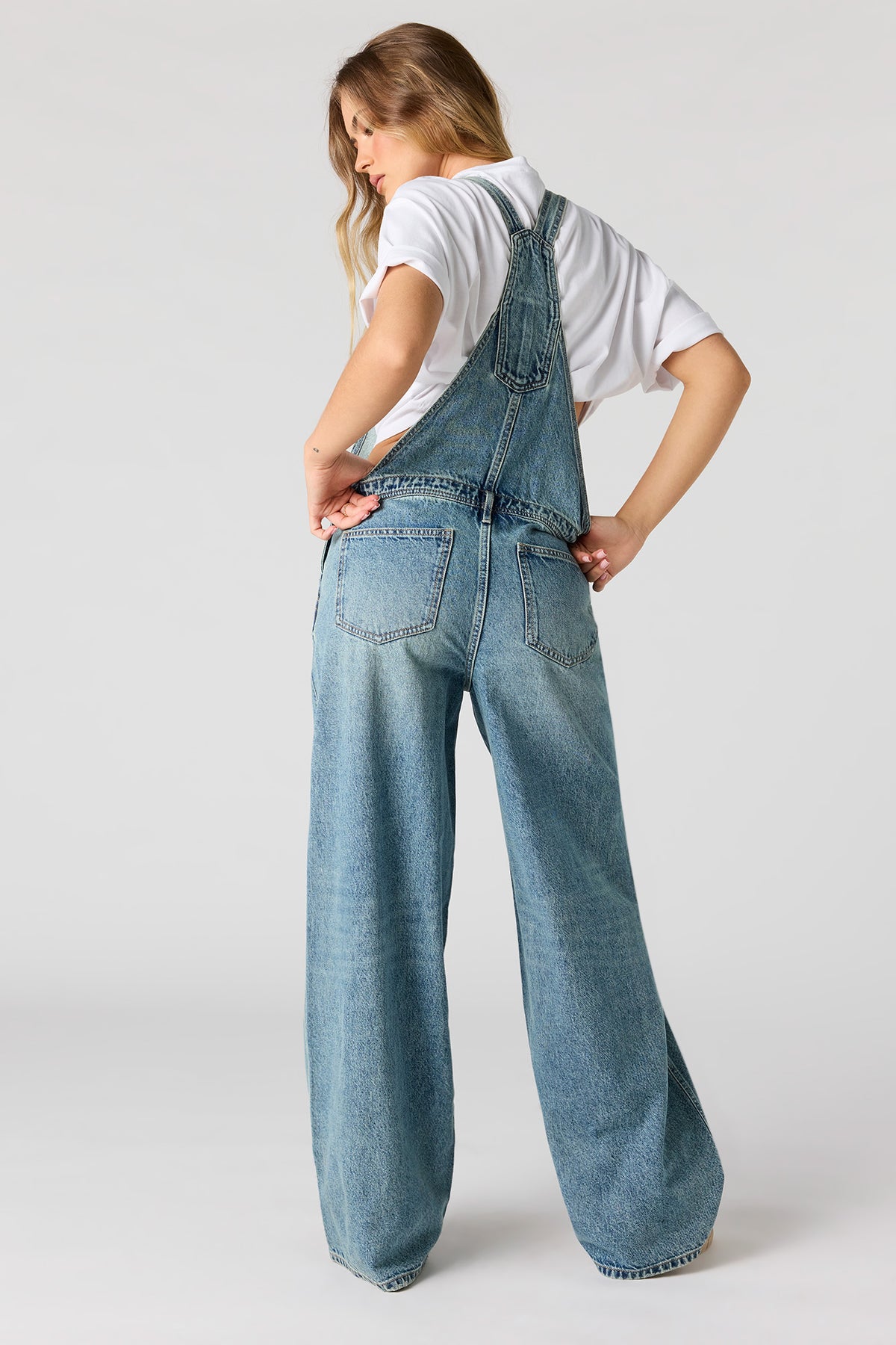 Alt View 2. Wide Leg Denim Overalls - Pacific Blue