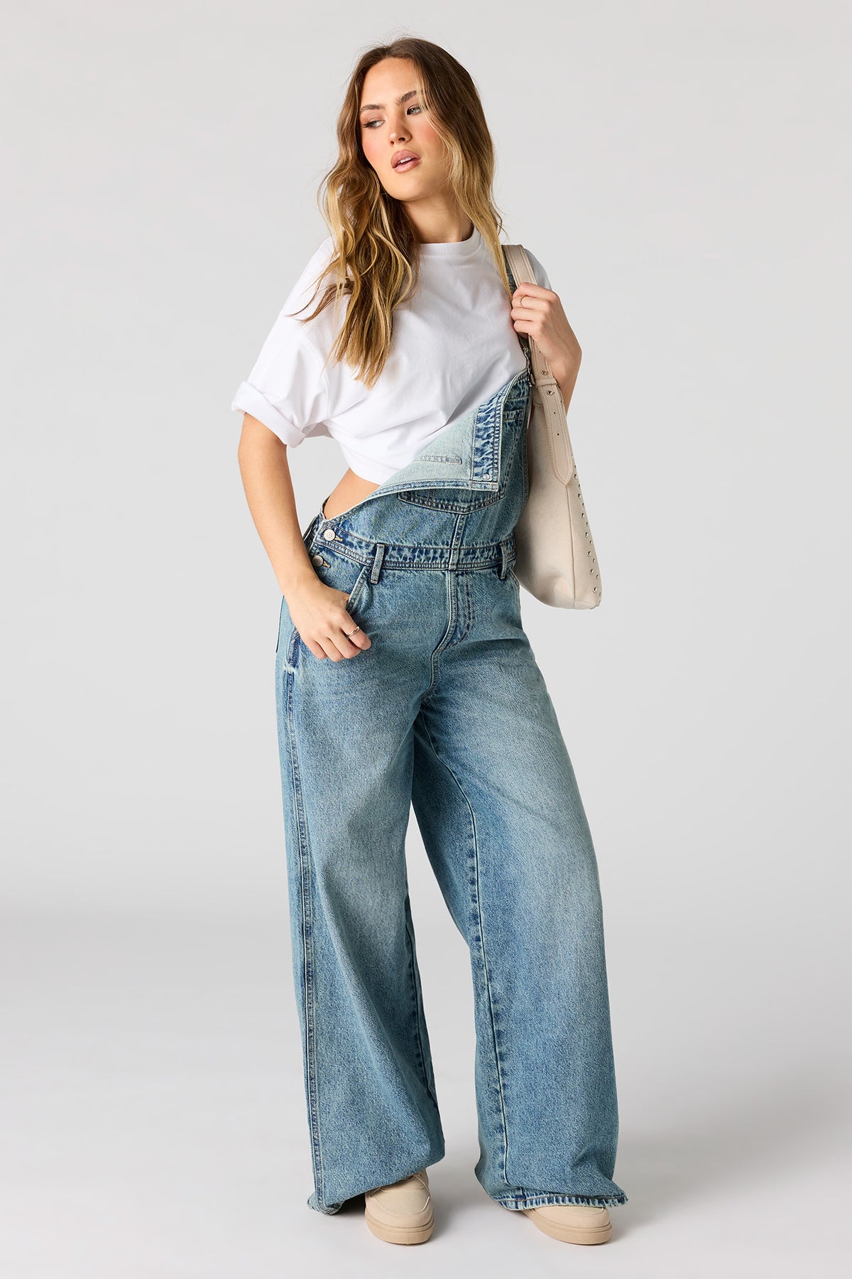 Wide Leg Denim Overalls - Pacific Blue