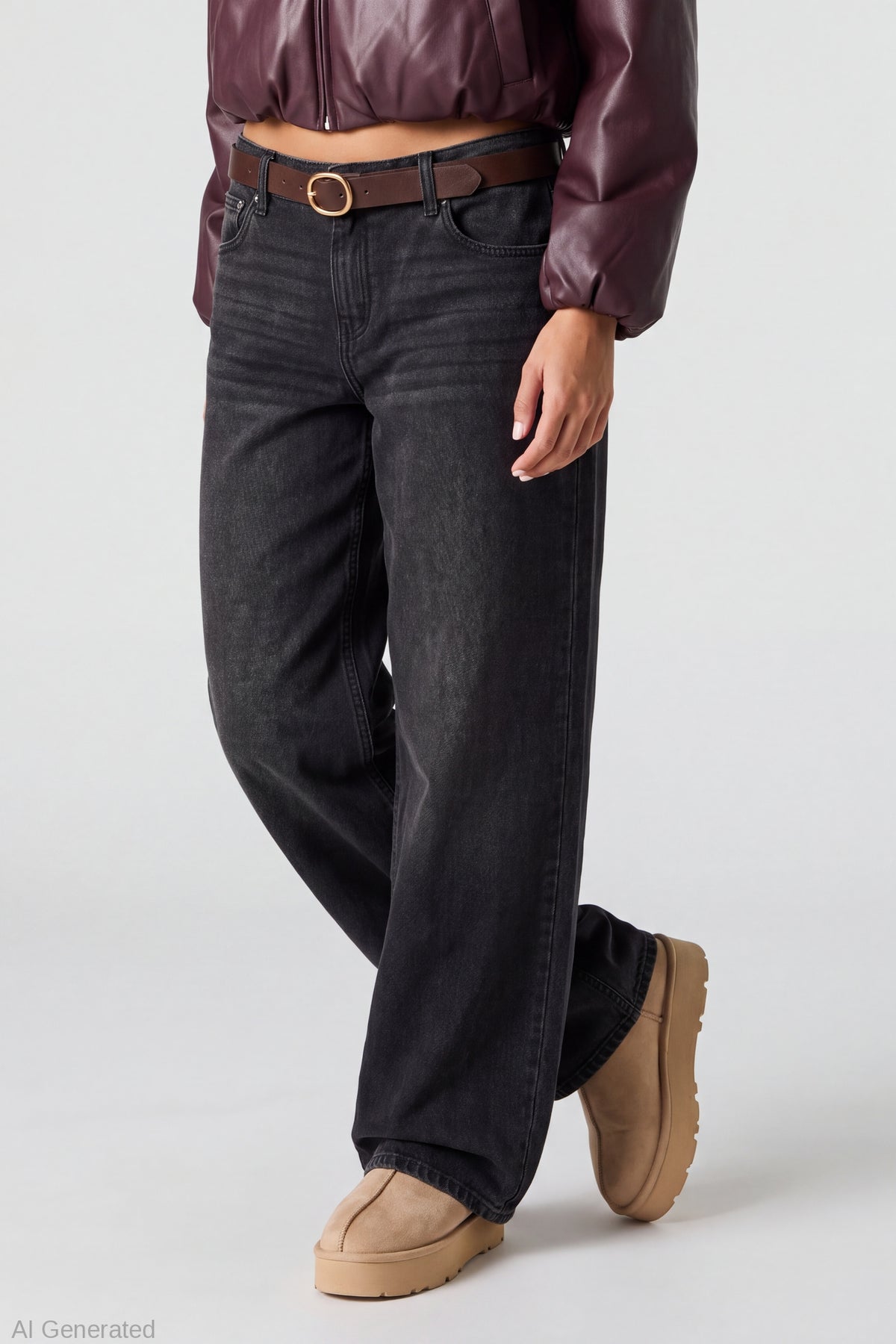Alt View 3. Brooklyn Ripped Low Rise Baggy Jean with Belt - Black