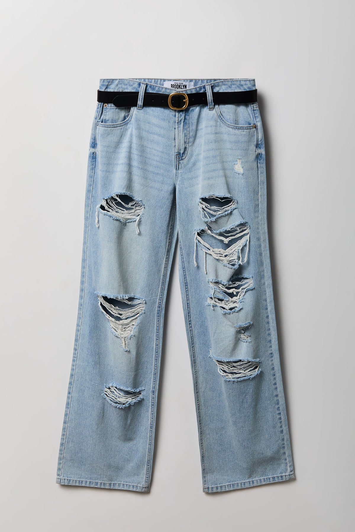 Brooklyn Ripped Low Rise Baggy Jean with Belt - Light Denim Blue