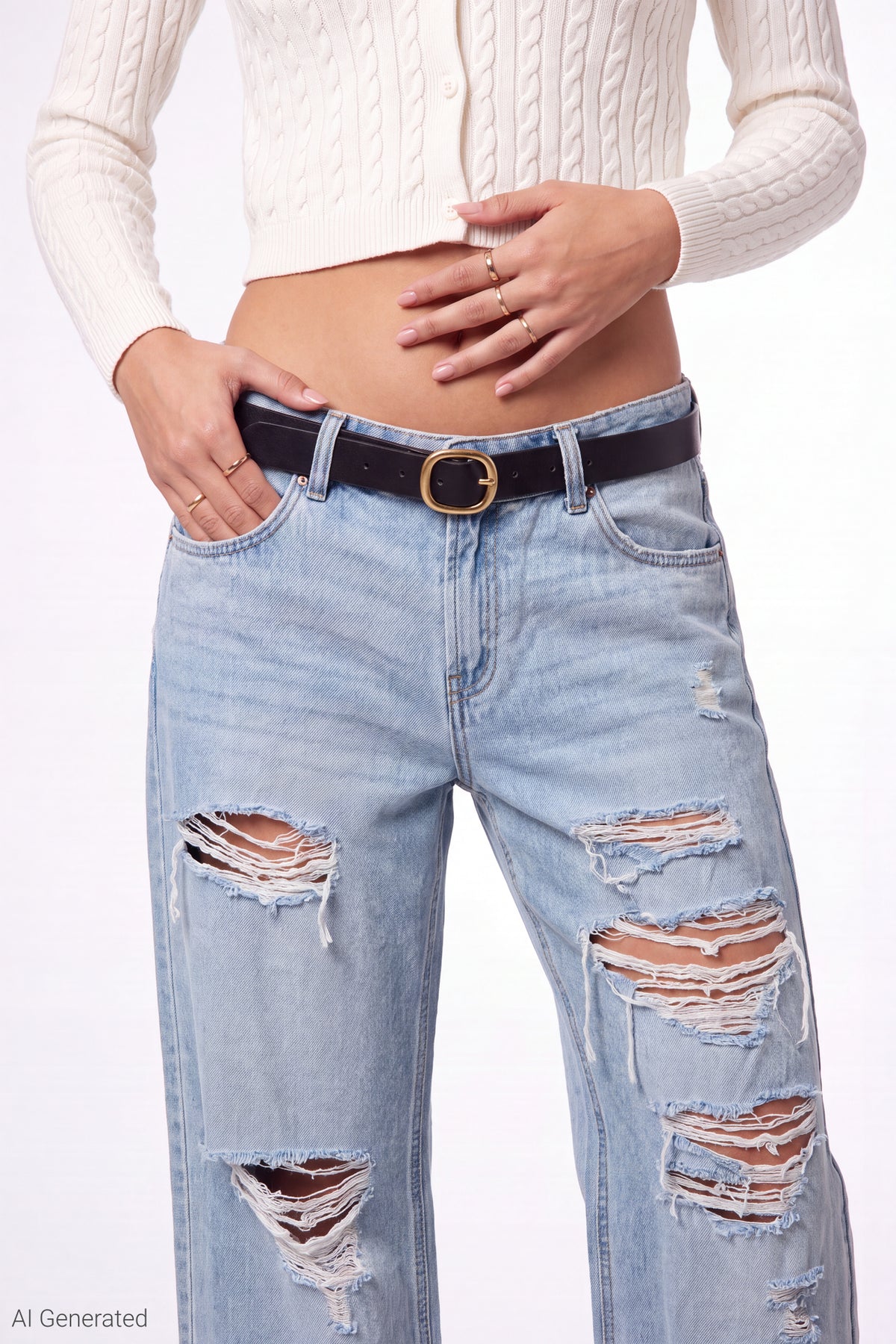 Alt View 3. Brooklyn Ripped Low Rise Baggy Jean with Belt - Light Denim Blue