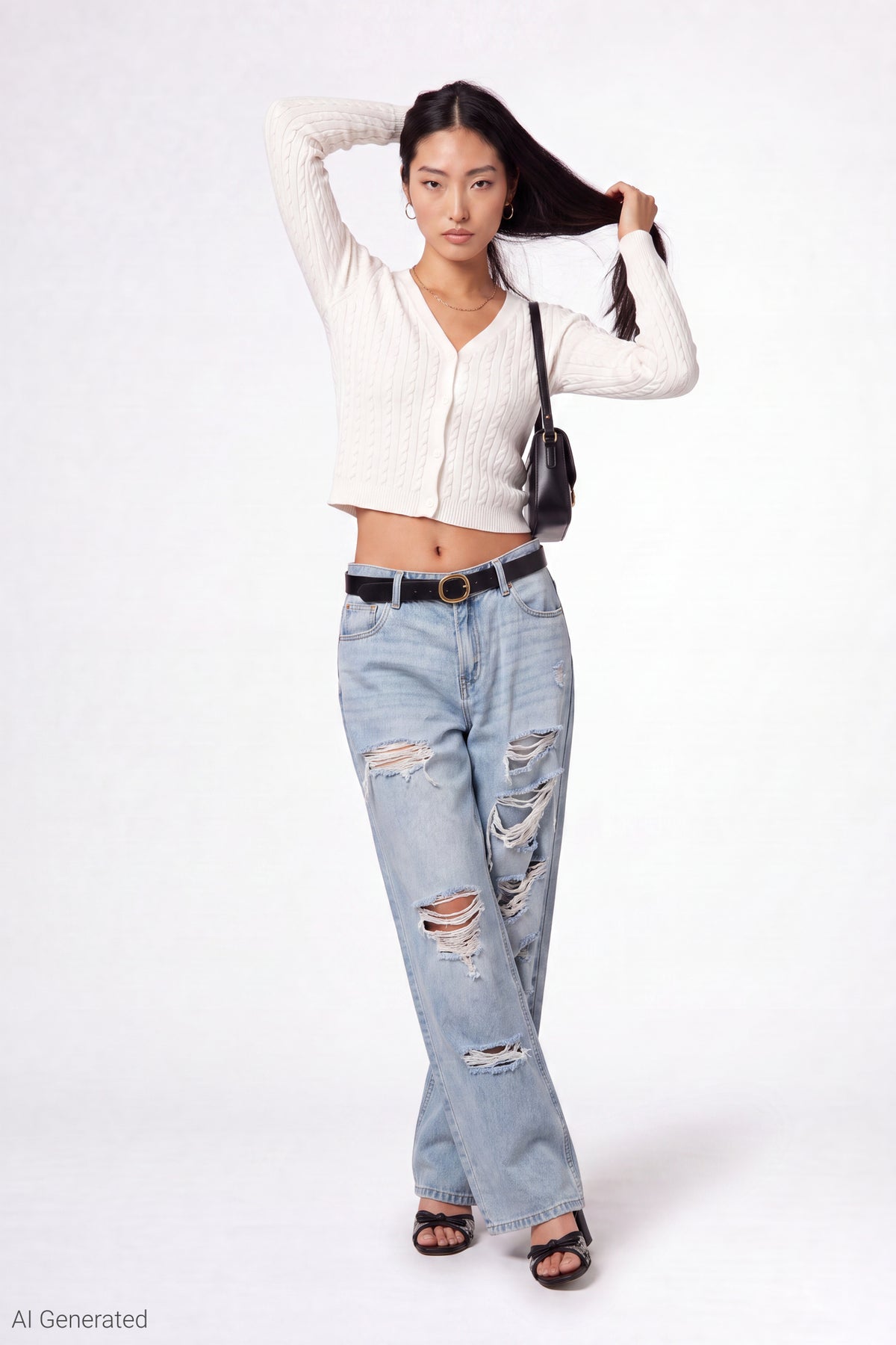 Brooklyn Ripped Low Rise Baggy Jean with Belt - Light Denim Blue