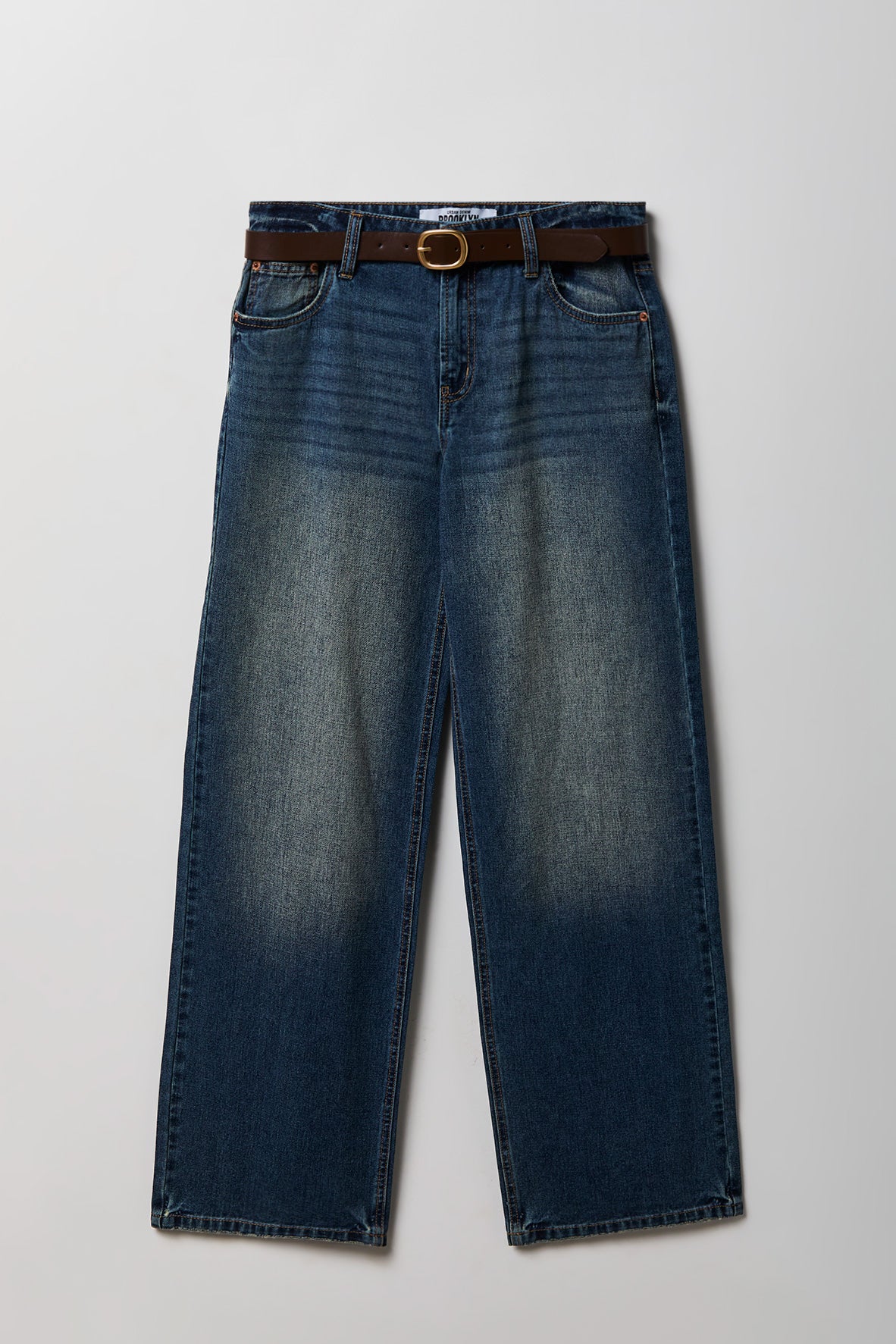 Brooklyn Ripped Low Rise Baggy Jean with Belt - Denim Blue