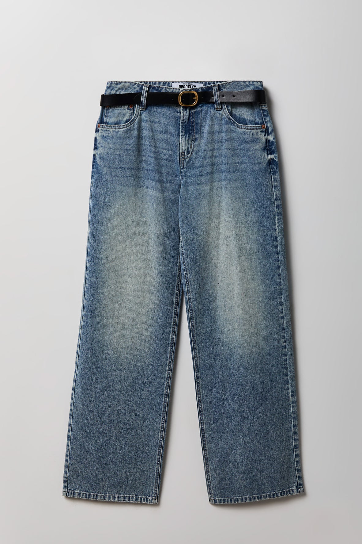 Brooklyn Ripped Low Rise Baggy Jean with Belt - Pacific Blue