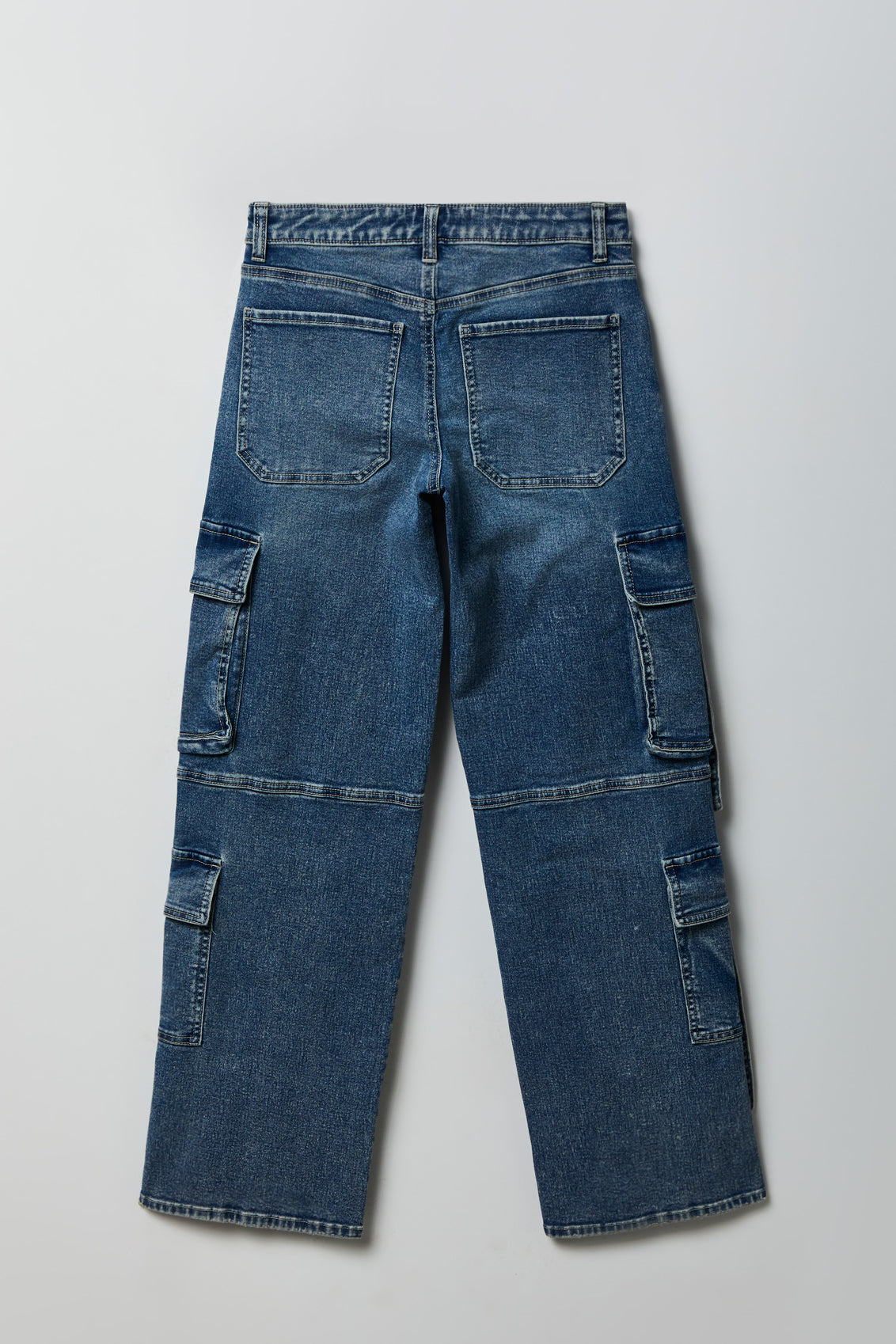 Alt View 2. Stretch Low Rise Cargo Jean - Medium Denim Blue