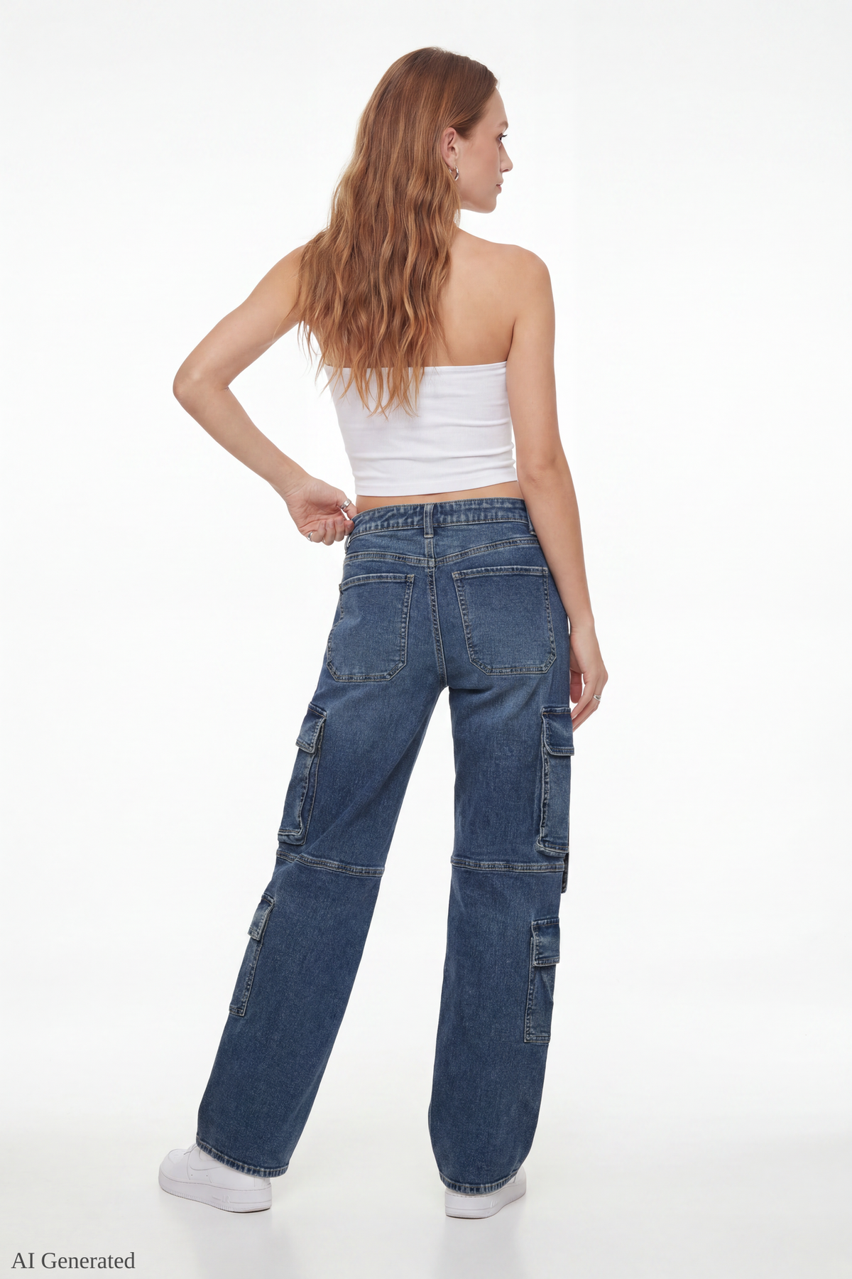 Alt View 2. Stretch Low Rise Cargo Jean - Medium Denim Blue
