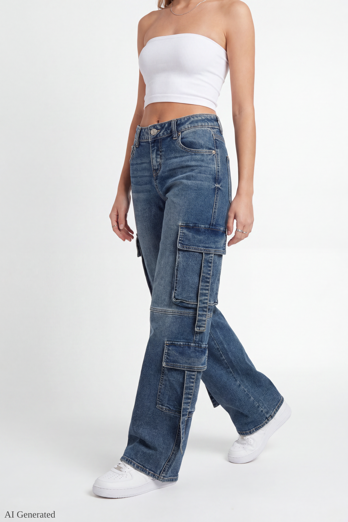 Alt View 3. Stretch Low Rise Cargo Jean - Medium Denim Blue