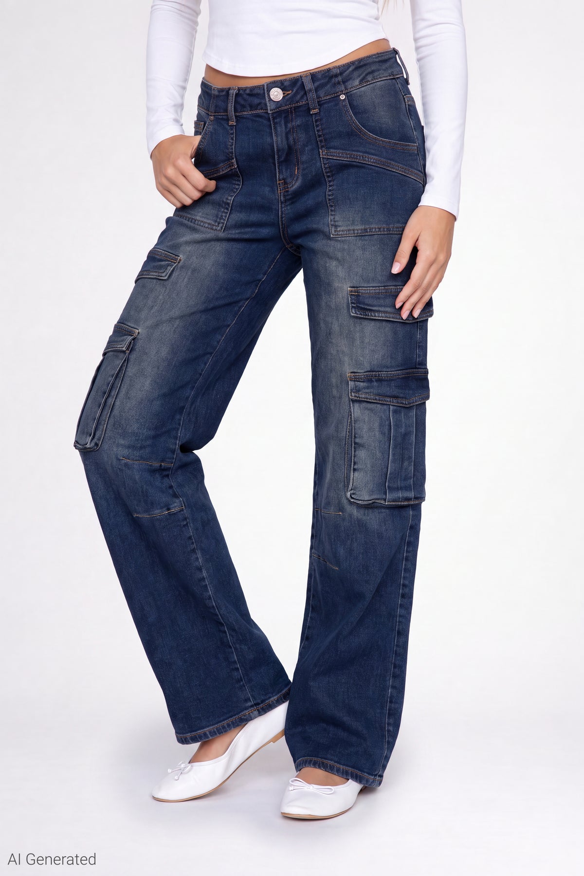 Alt View 3. Stretch Low Rise Cargo Jean - Midnight Blue