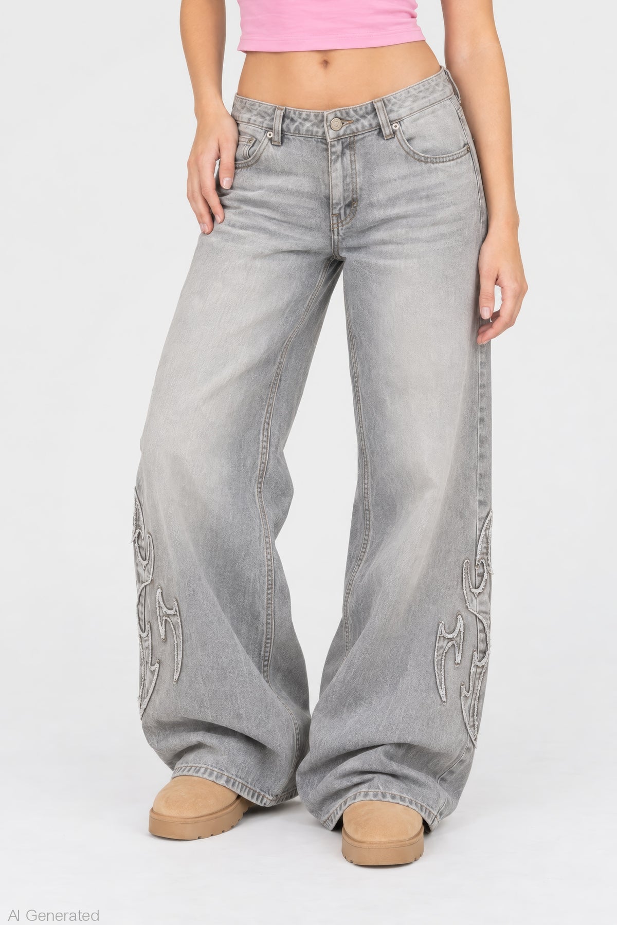 Alt View 3. London Embroidered Low Rise Super Baggy Jean - Charcoal
