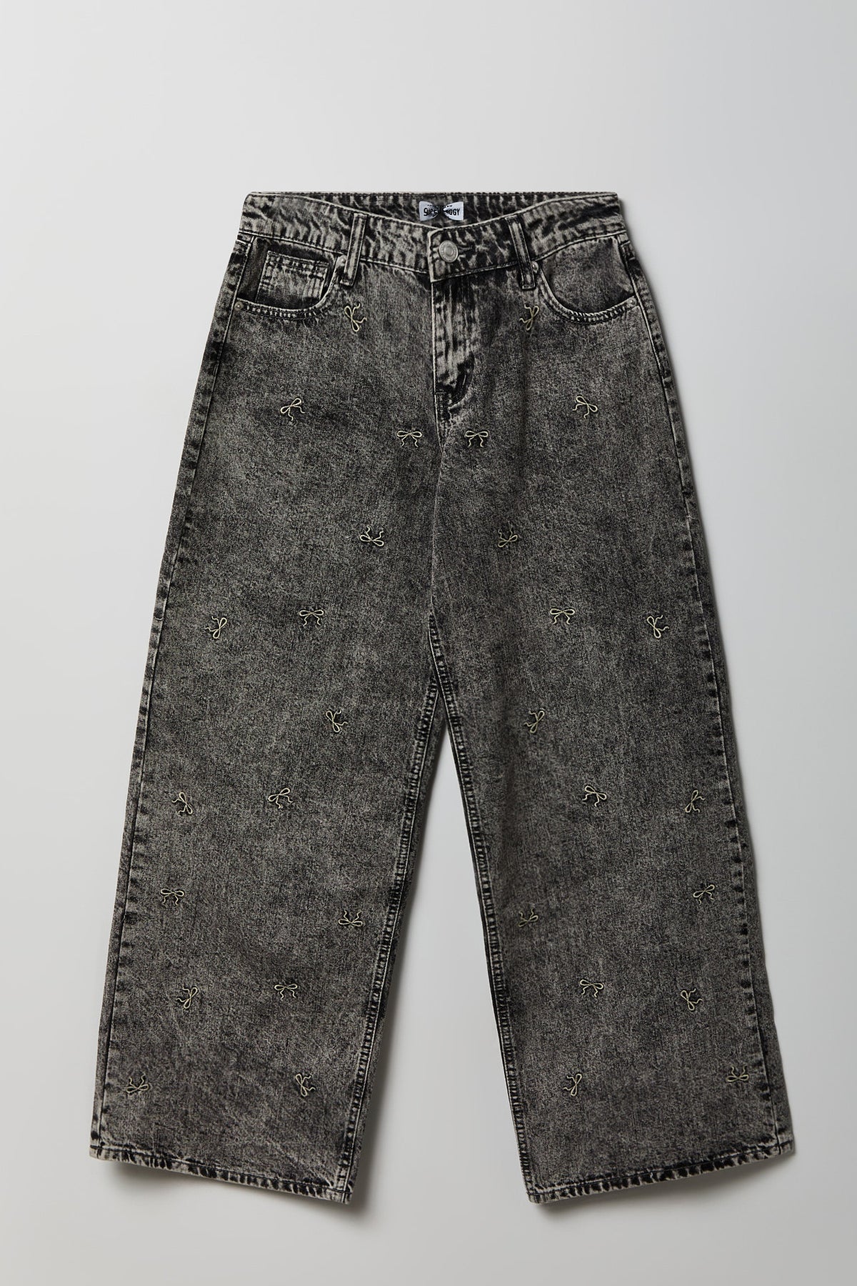 Alt View 4. Low Rise Bow Embroidered Baggy Denim Jean - Charcoal