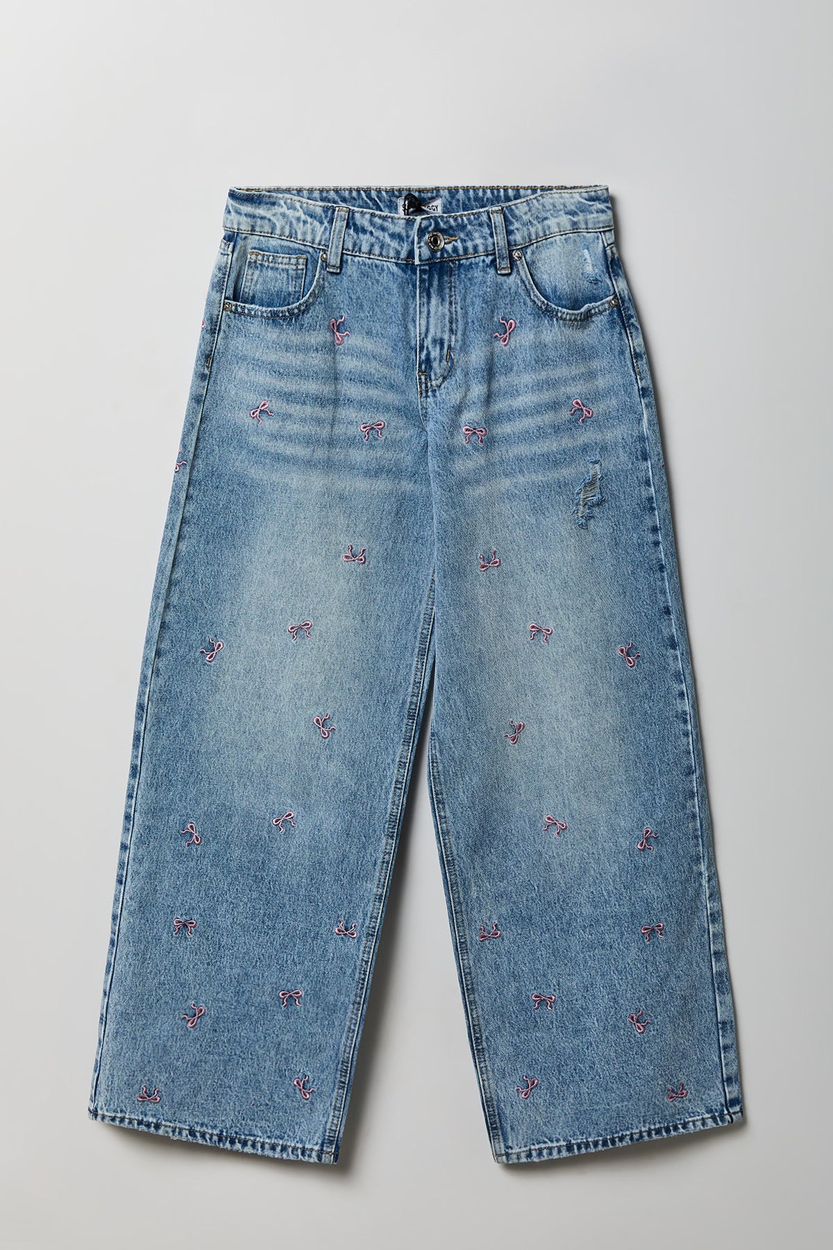 Alt View 4. Low Rise Bow Embroidered Baggy Denim Jean - Light Denim Blue