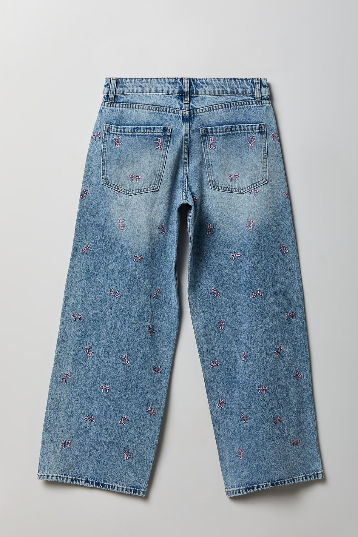 Alt View 5. Low Rise Bow Embroidered Baggy Denim Jean - Light Denim Blue