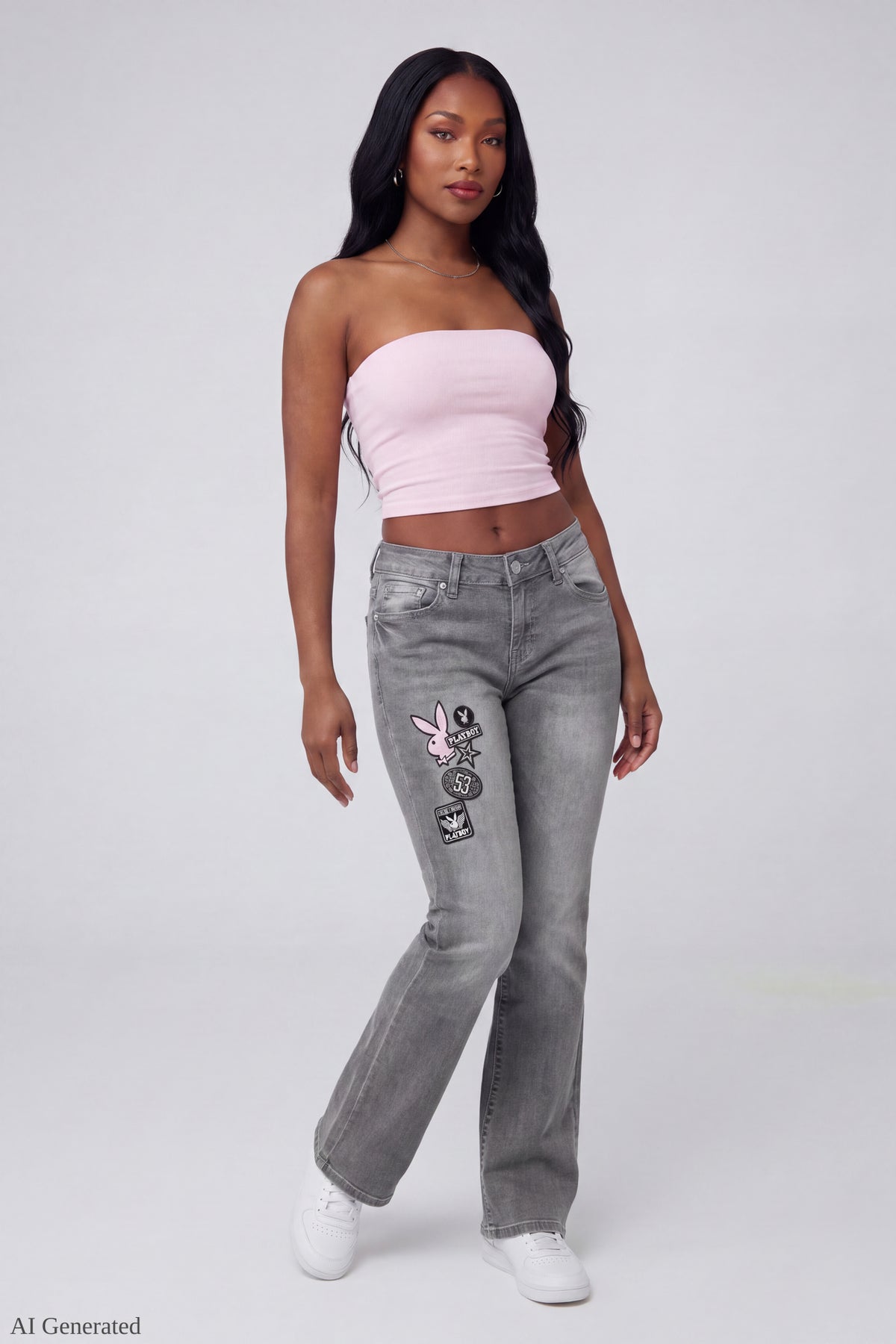 Playboy Patch Stretch Flare Jean - Charcoal