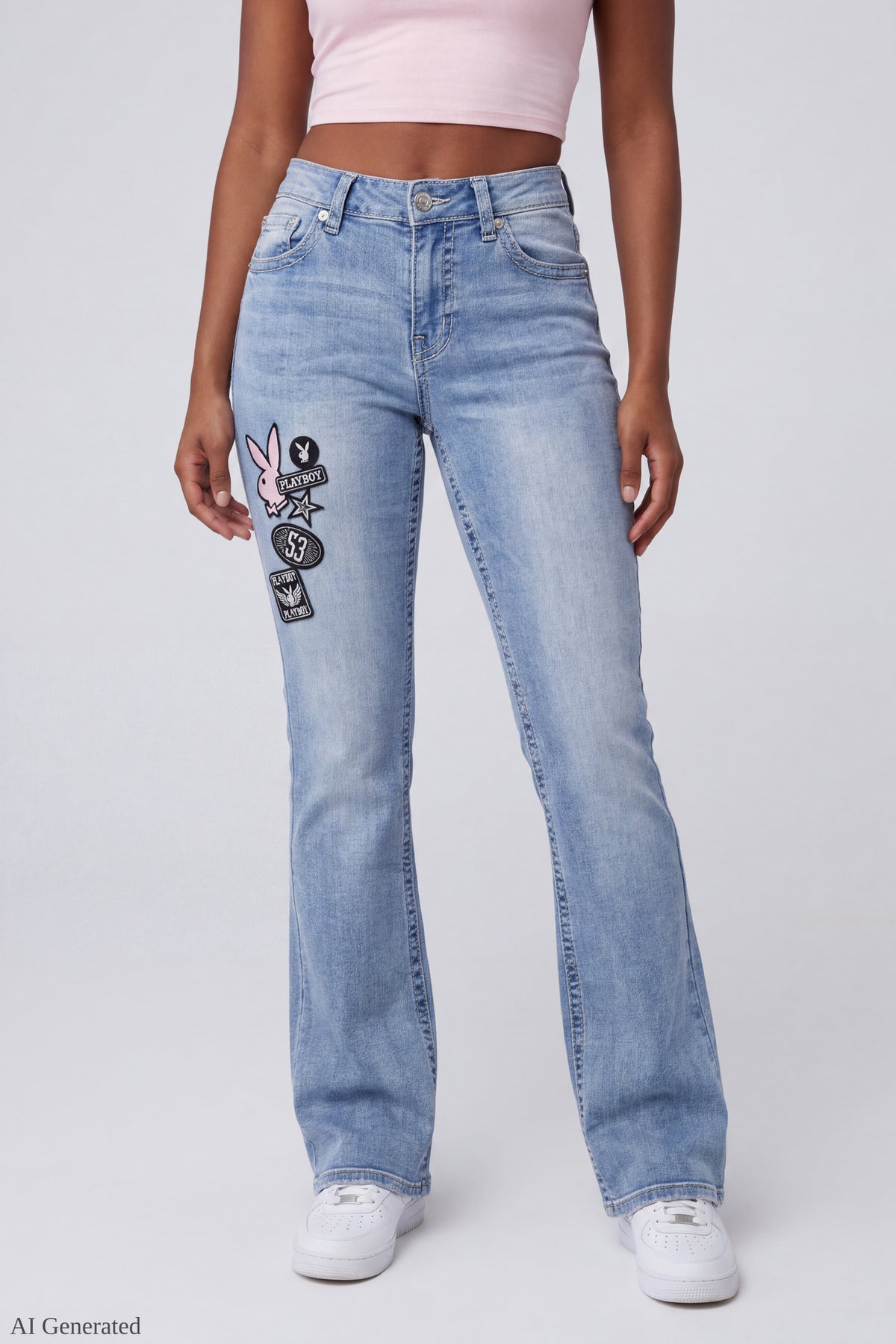 Alt View 3. Playboy Patch Stretch Flare Jean - Light Denim Blue
