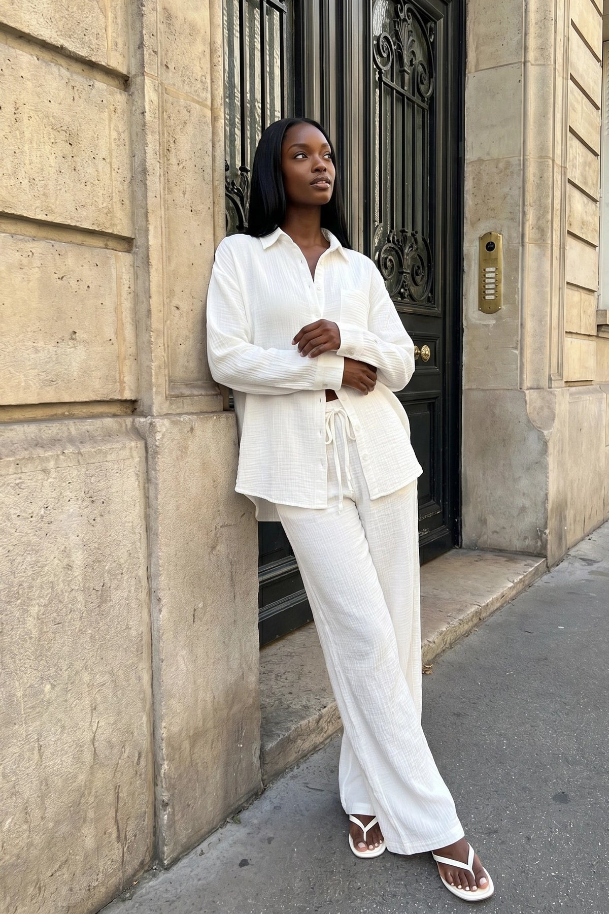 Textured Flowy Wide Leg Pant - White