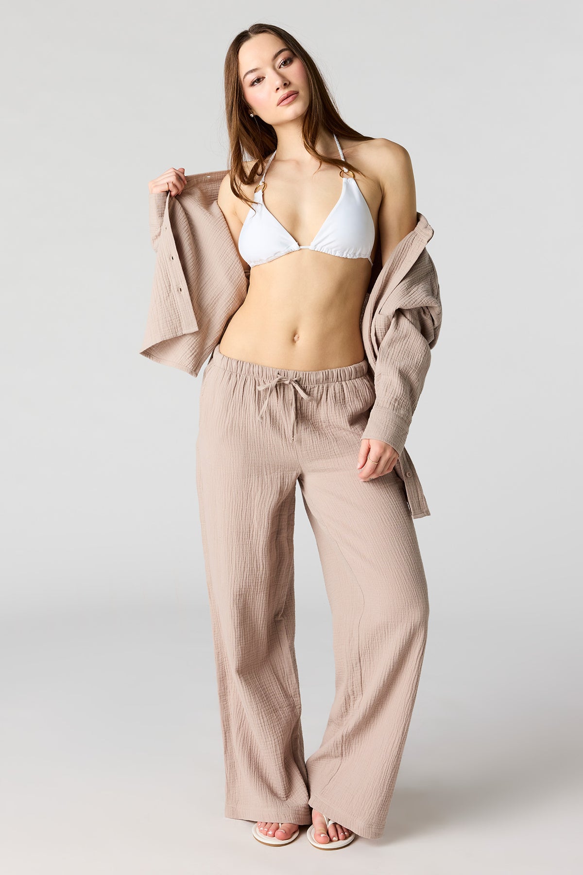 Textured Flowy Wide Leg Pant - Taupe