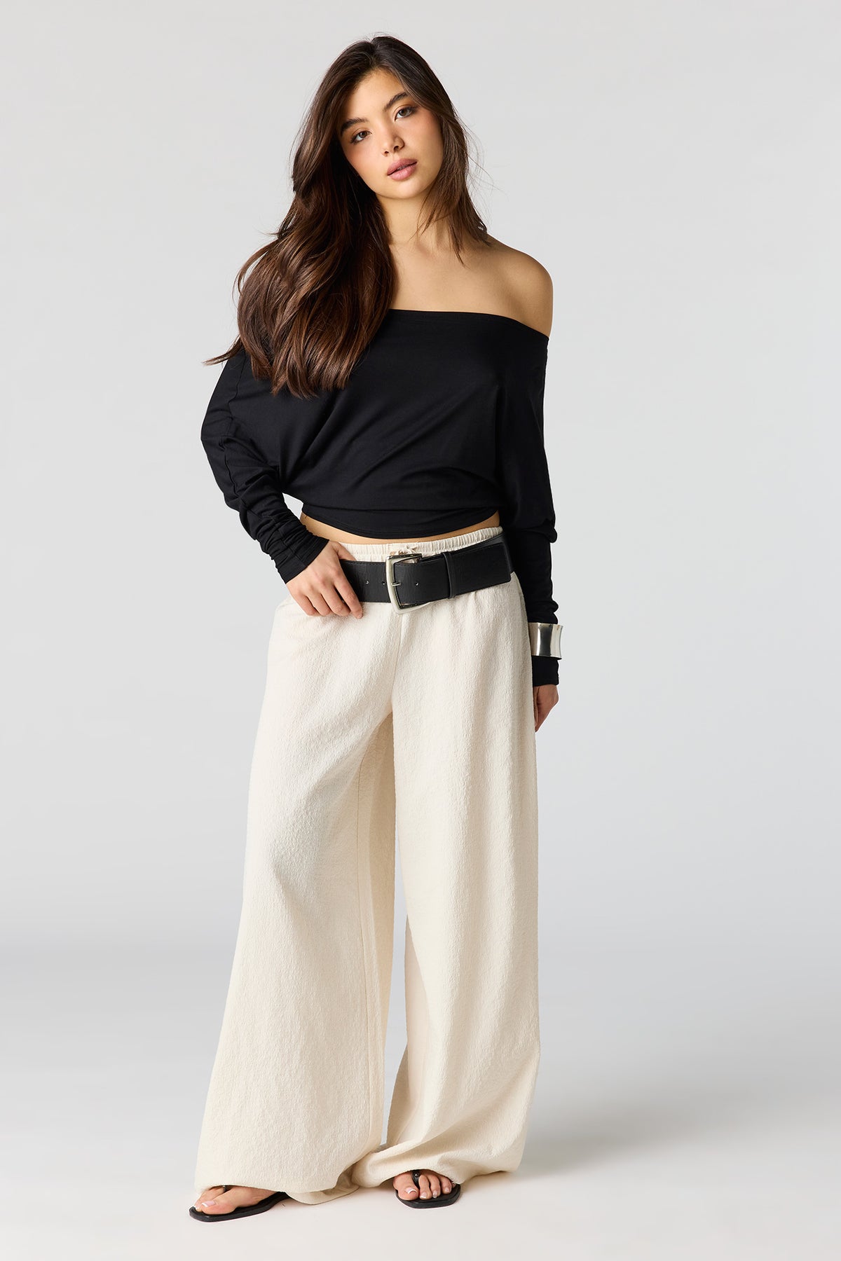 Textured Flowy Wide Leg Pant - Ivory