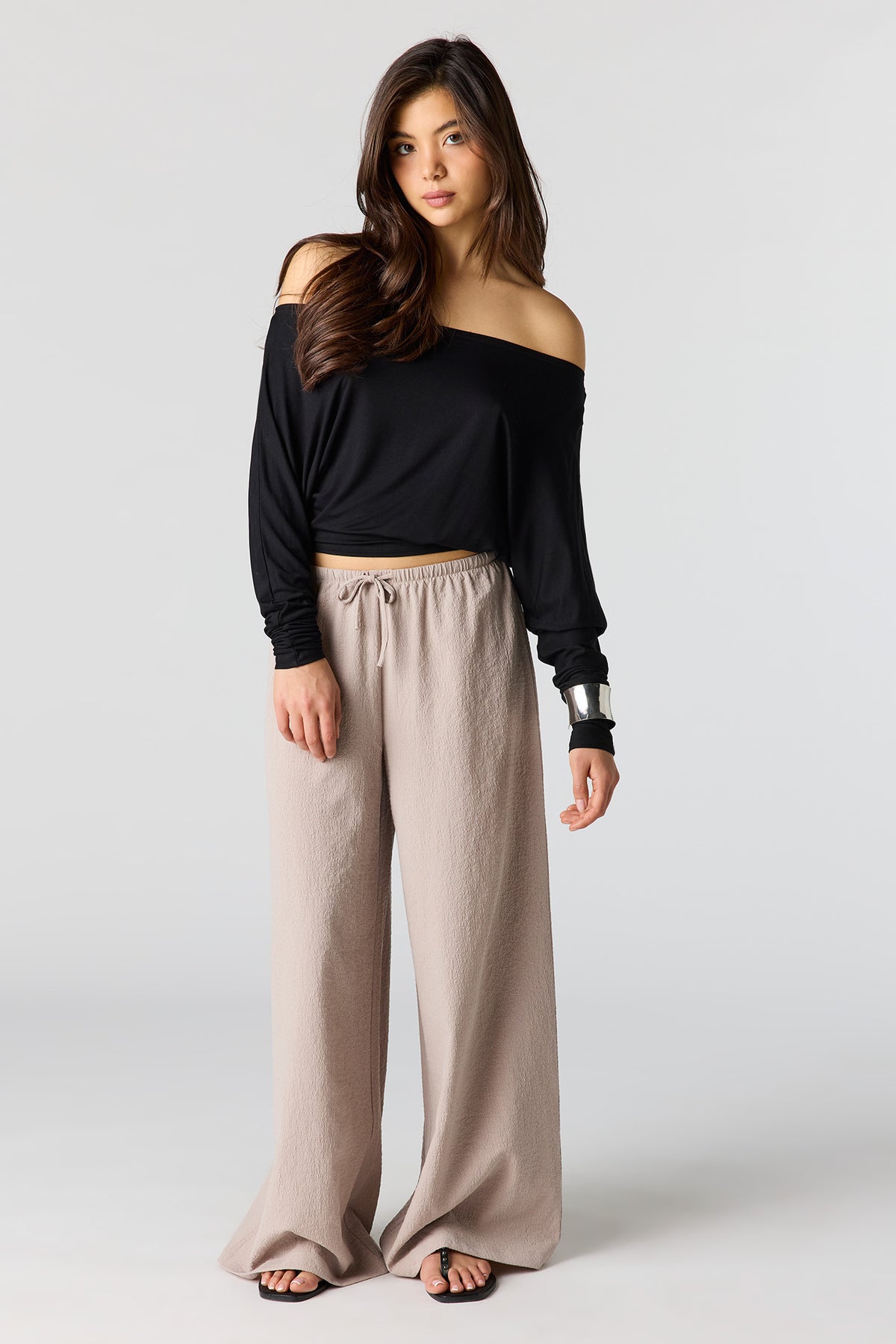Textured Flowy Wide Leg Pant - Taupe