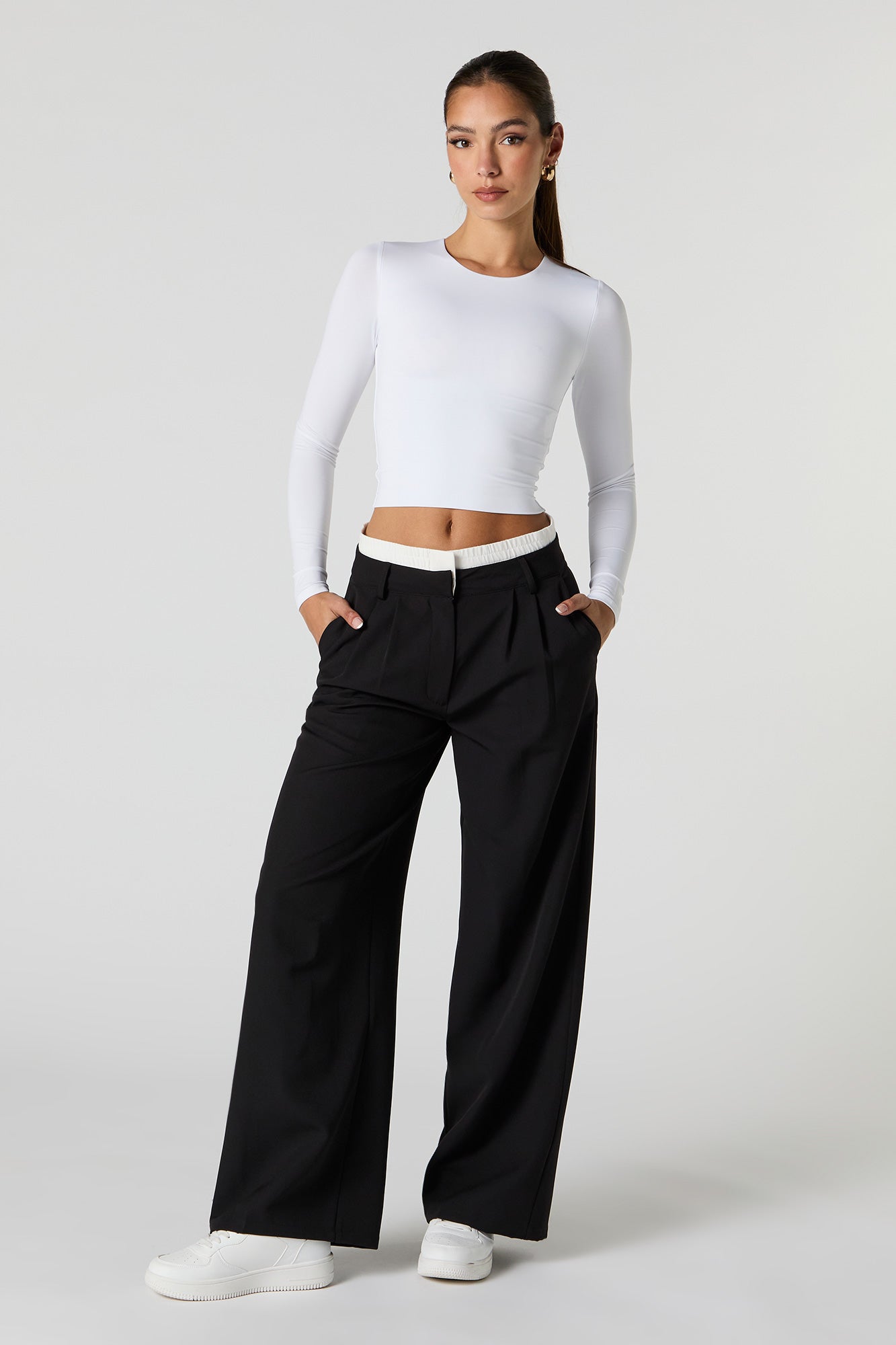 Contrast Waist Straight Leg Dress Pant