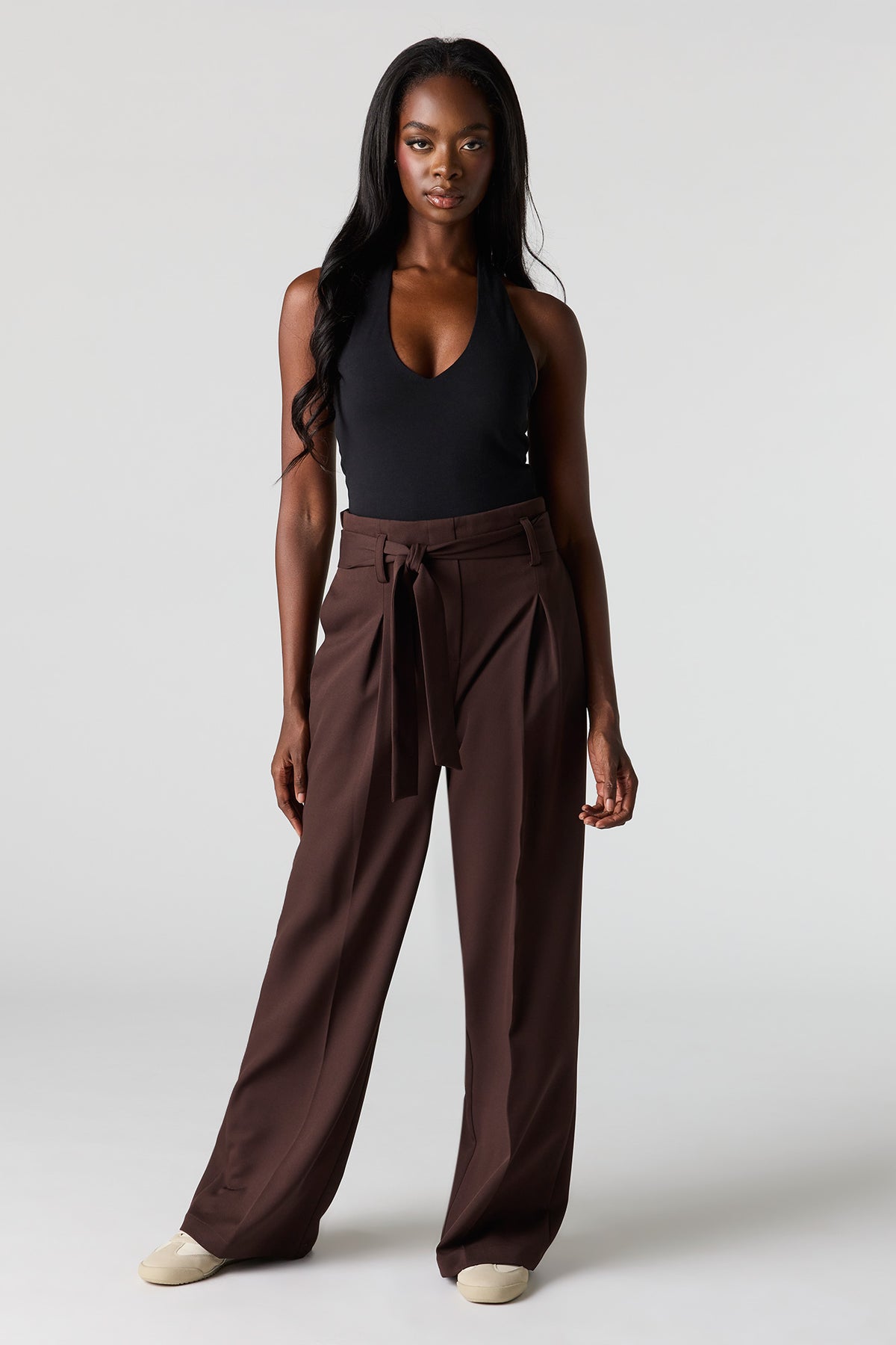 Belted Wide Leg Dress Pant - Brown