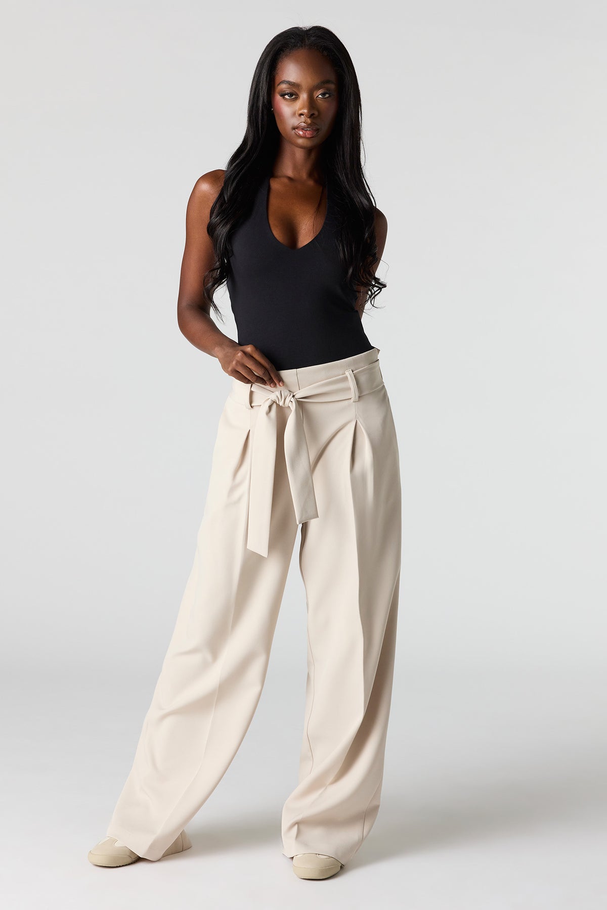 Belted Wide Leg Dress Pant - Tan